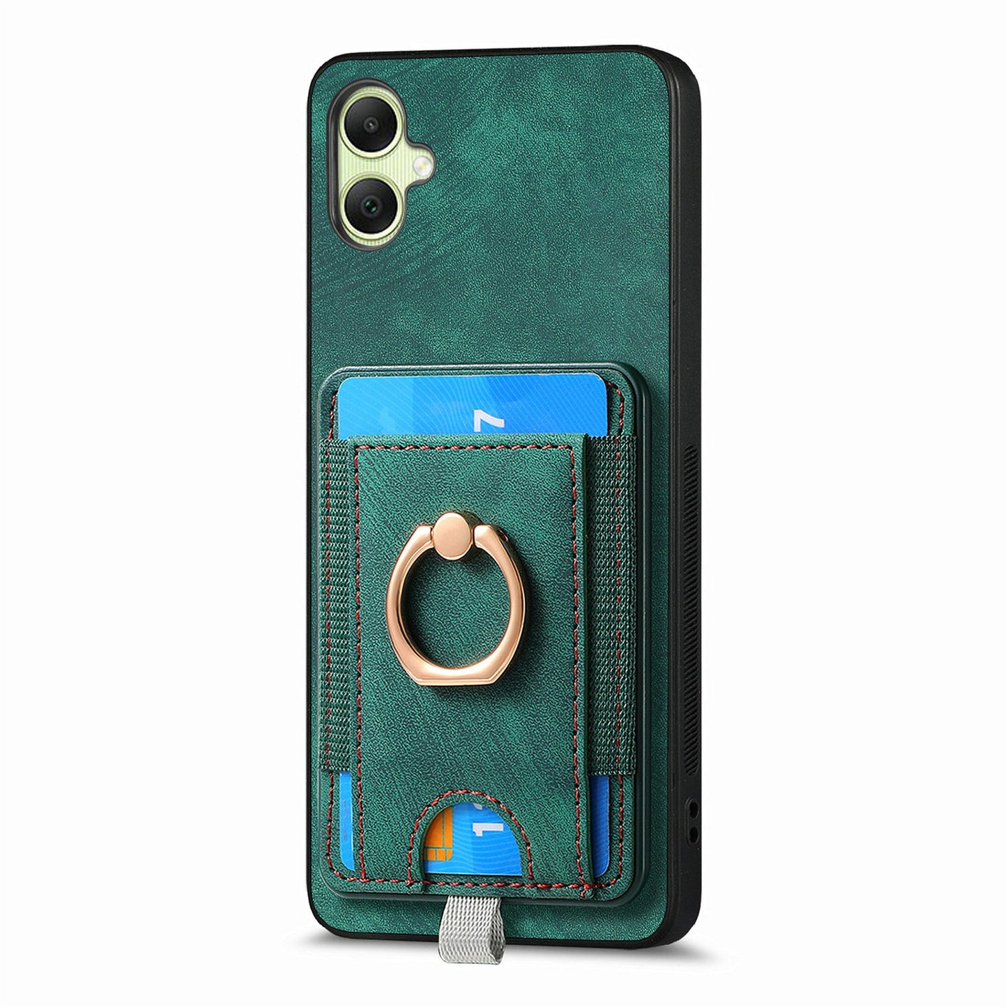 For Samsung Galaxy A06 Magnetic Case Card Holder Ring Kickstand PU Leather Phone Back Cover - Green