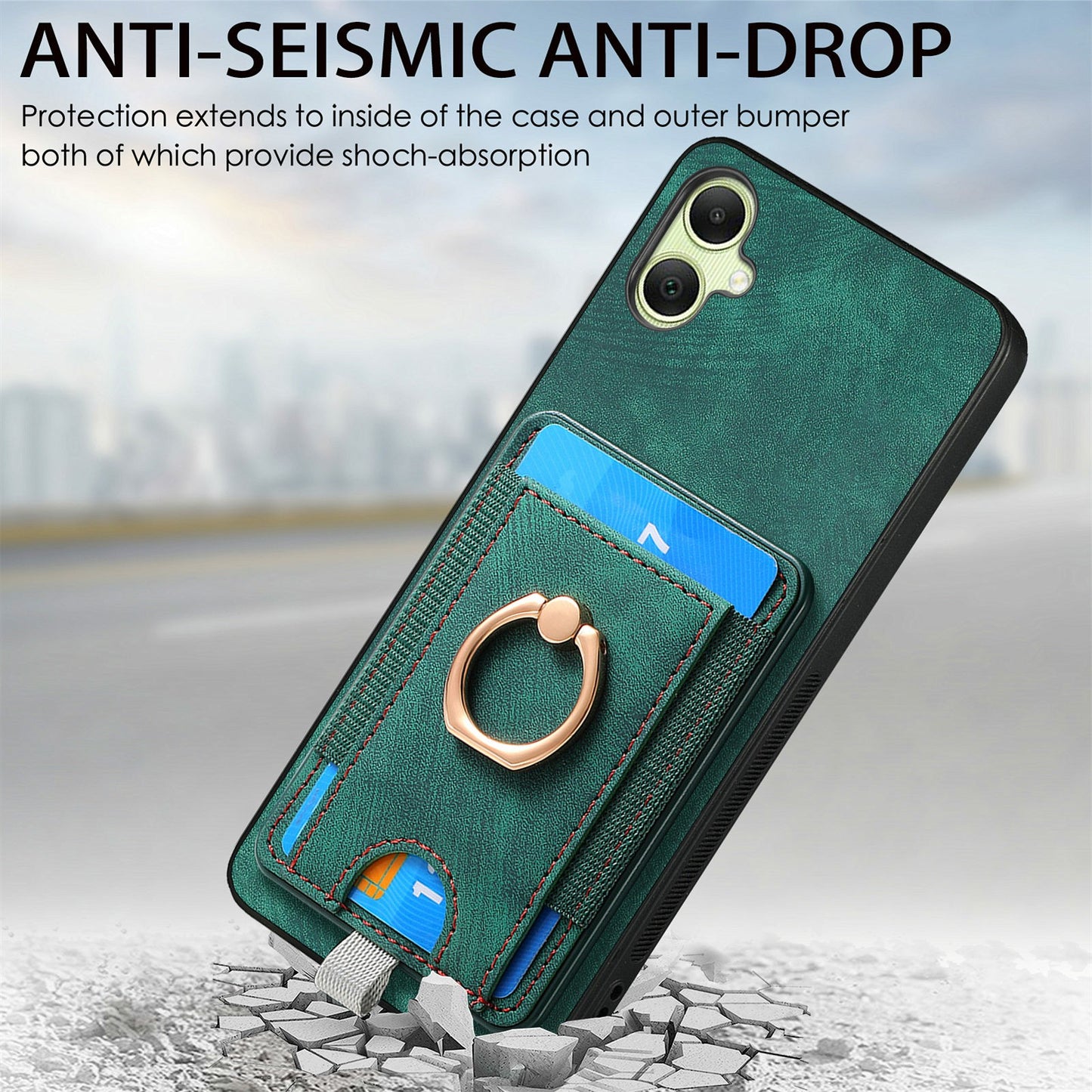 For Samsung Galaxy A06 Magnetic Case Card Holder Ring Kickstand PU Leather Phone Back Cover - Green