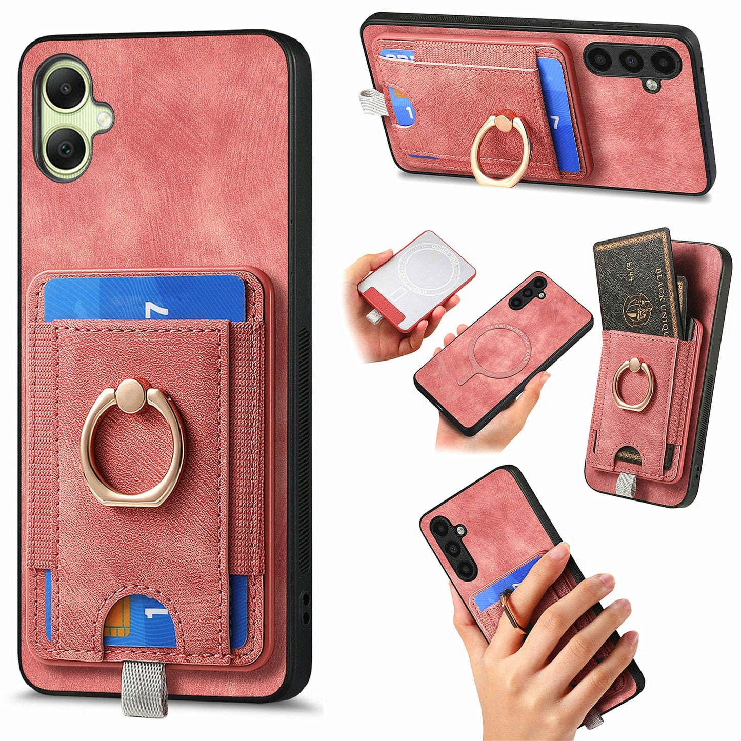 For Samsung Galaxy A06 Magnetic Case Card Holder Ring Kickstand PU Leather Phone Back Cover - Pink