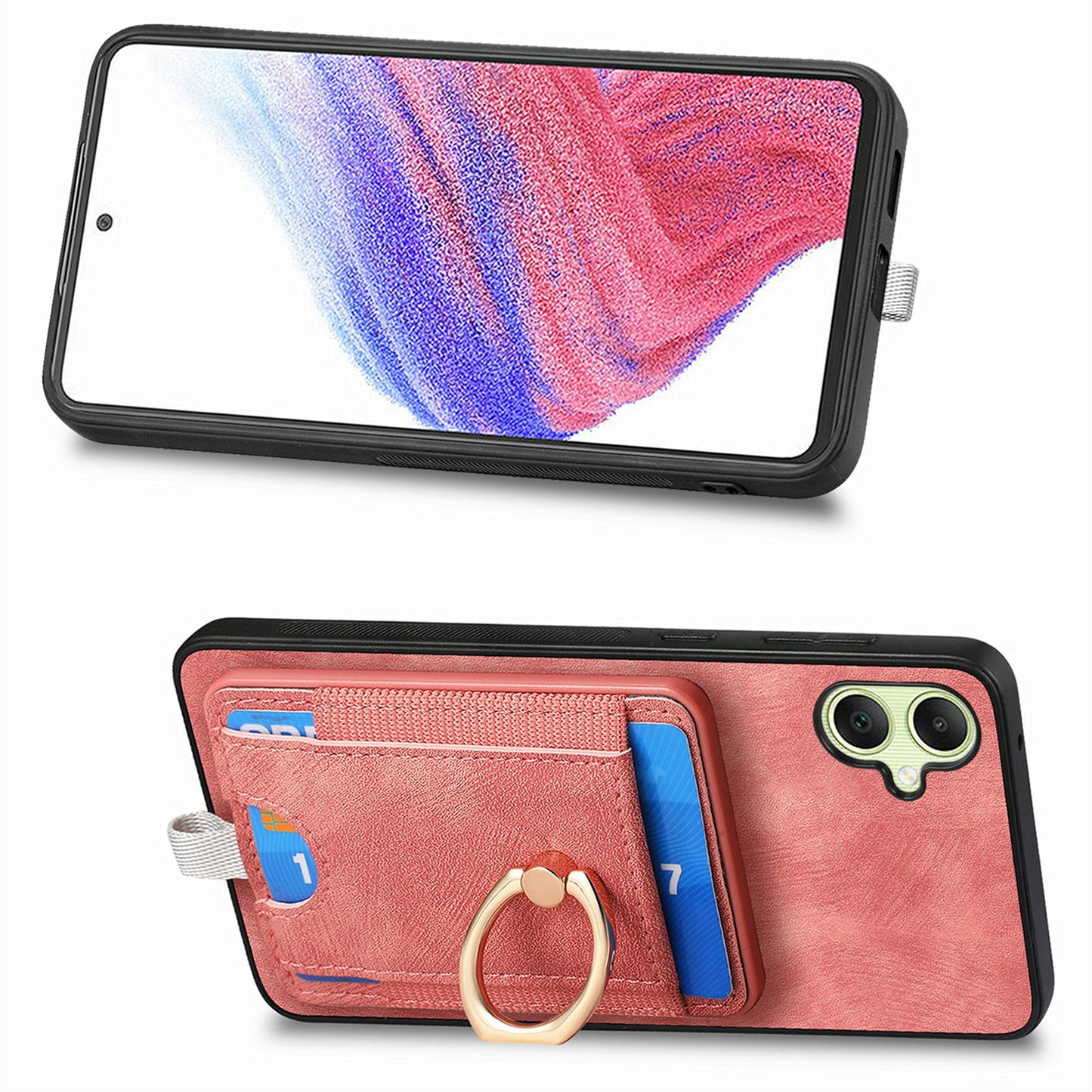 For Samsung Galaxy A06 Magnetic Case Card Holder Ring Kickstand PU Leather Phone Back Cover - Pink