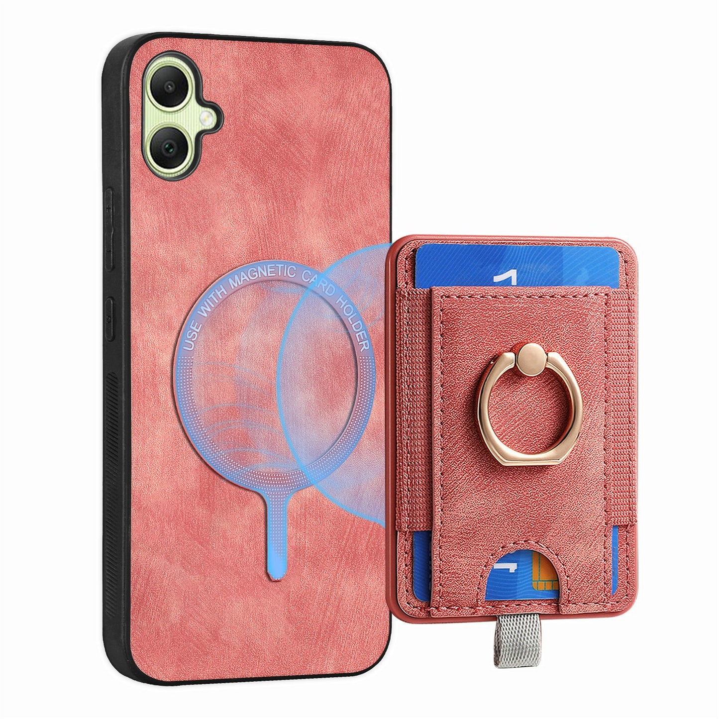 For Samsung Galaxy A06 Magnetic Case Card Holder Ring Kickstand PU Leather Phone Back Cover - Pink