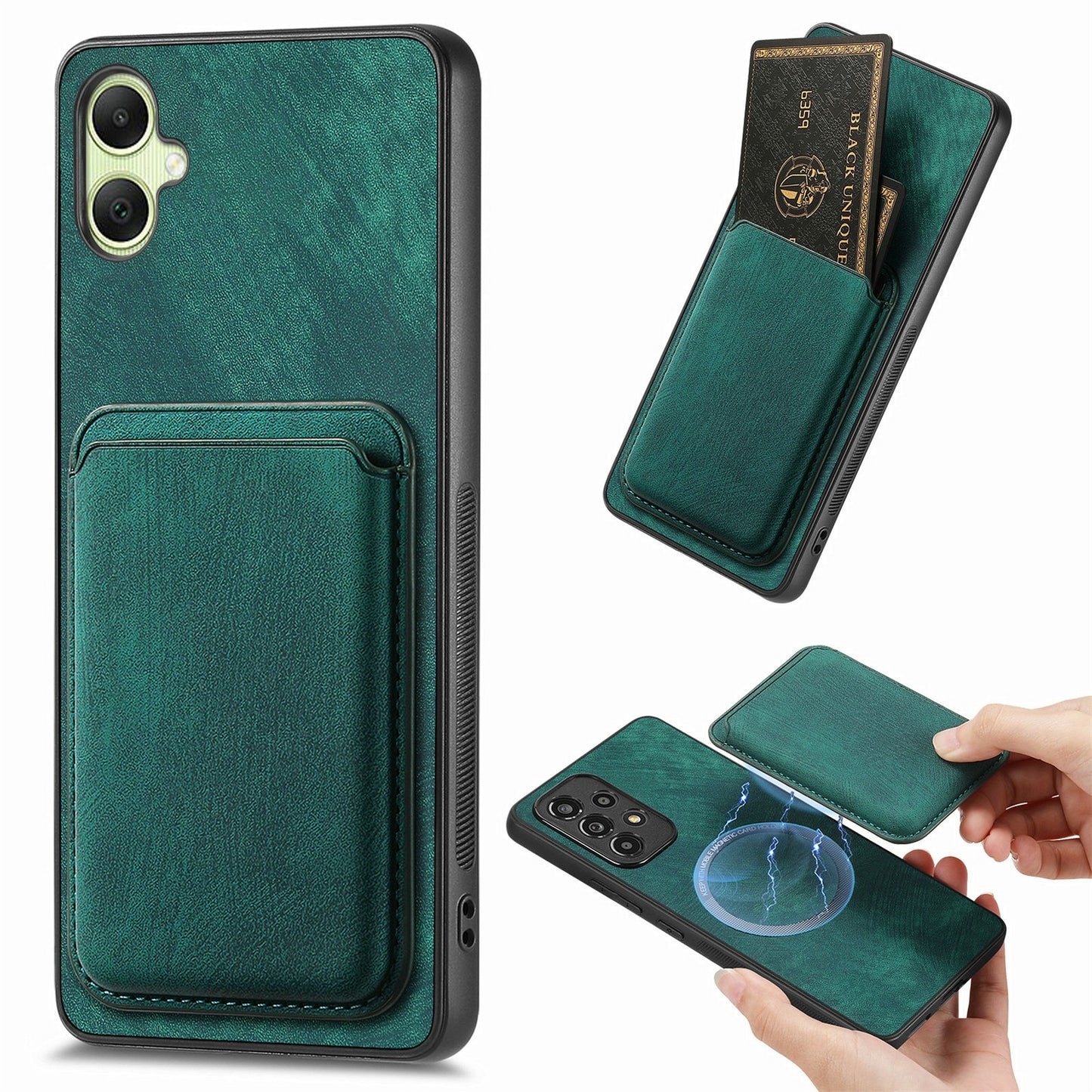 For Samsung Galaxy A06 Case Leather+TPU Retro Phone Cover with Detachable Card Slot - Green