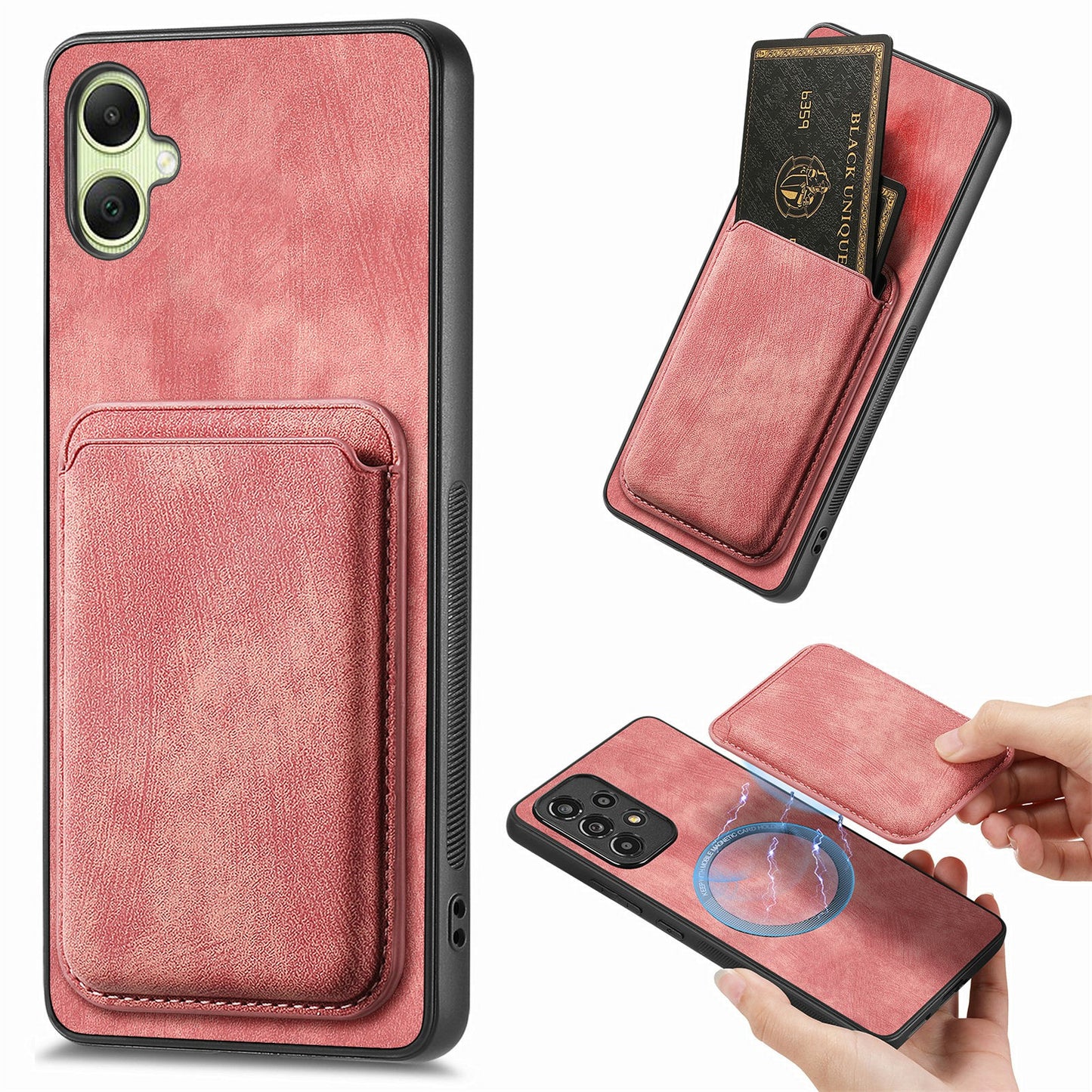 For Samsung Galaxy A06 Case Leather+TPU Retro Phone Cover with Detachable Card Slot - Pink