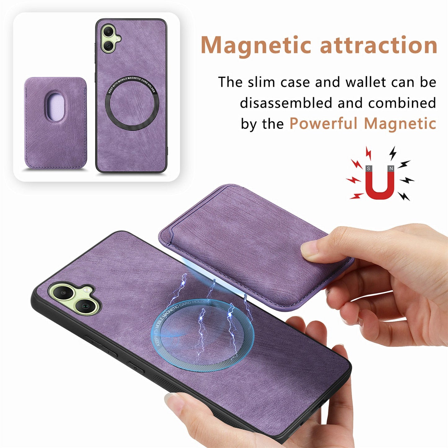 For Samsung Galaxy A06 Case Leather+TPU Retro Phone Cover with Detachable Card Slot - Black