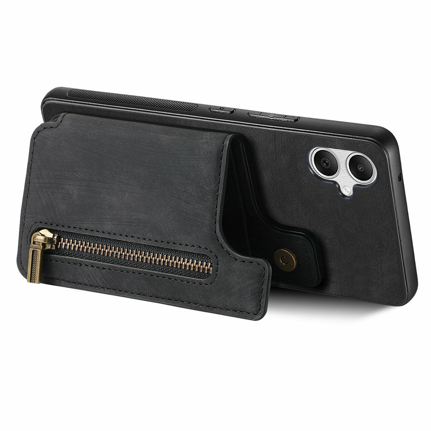 For Samsung Galaxy A06 Case with Card Holder Retro Leather+TPU Zipper Phone Cover - Black