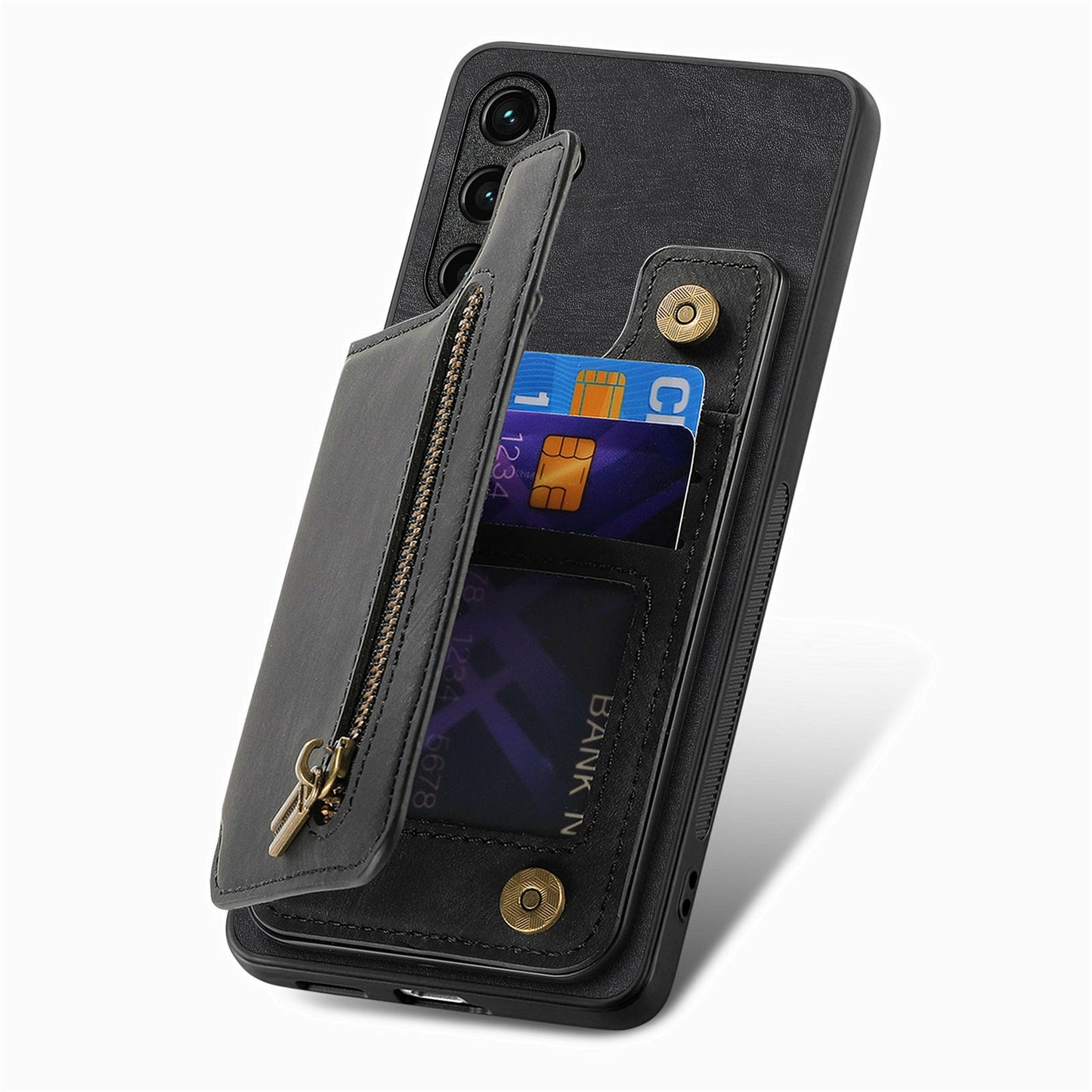 For Samsung Galaxy A06 Case with Card Holder Retro Leather+TPU Zipper Phone Cover - Black