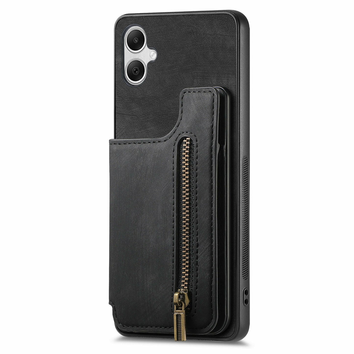 For Samsung Galaxy A06 Case with Card Holder Retro Leather+TPU Zipper Phone Cover - Black