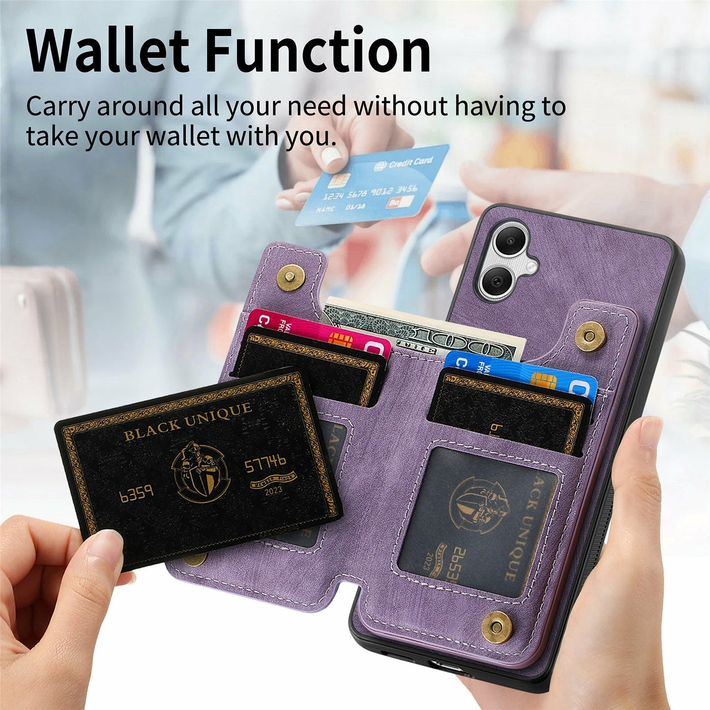 For Samsung Galaxy A06 Case with Card Holder Retro Leather+TPU Zipper Phone Cover - Black