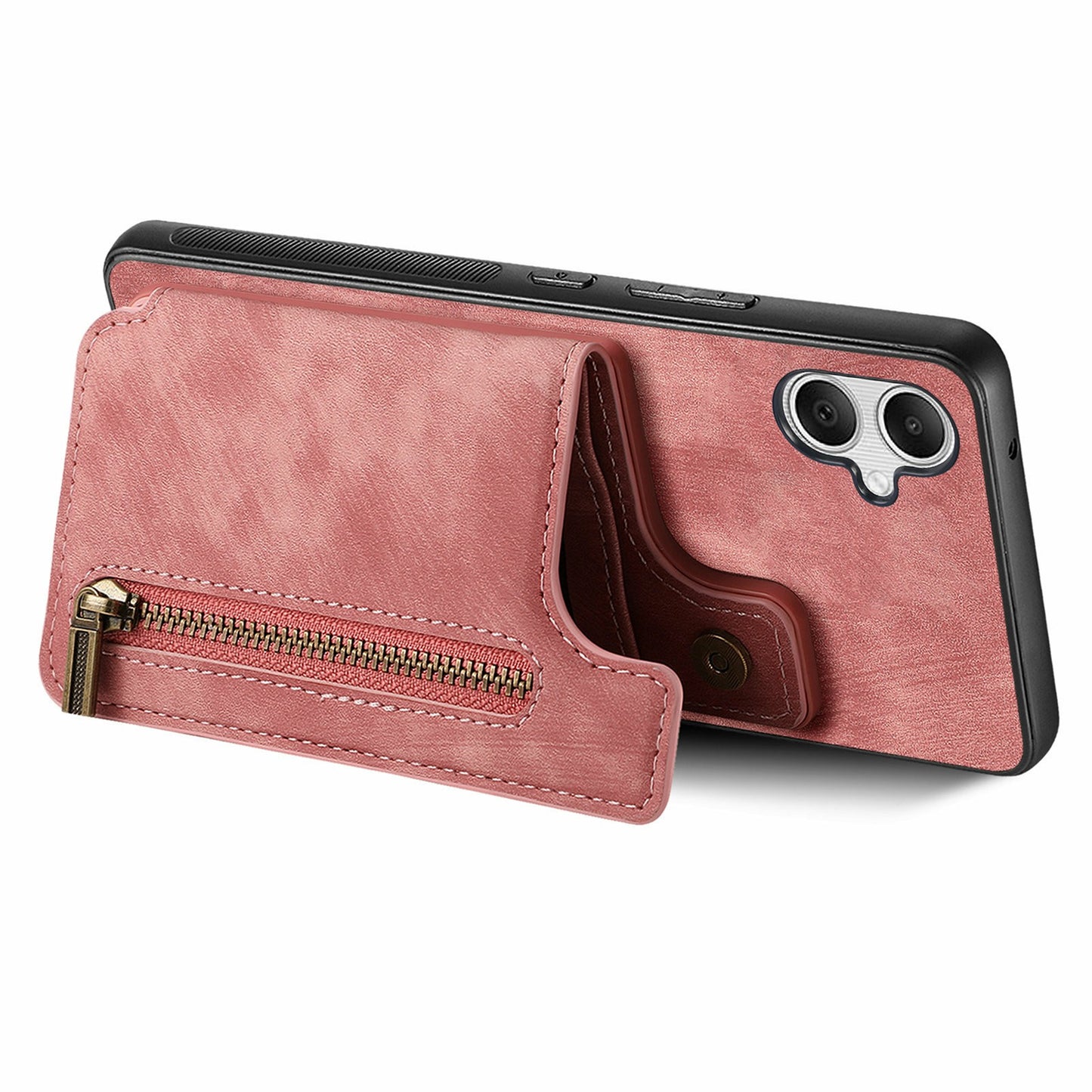 For Samsung Galaxy A06 Case with Card Holder Retro Leather+TPU Zipper Phone Cover - Pink