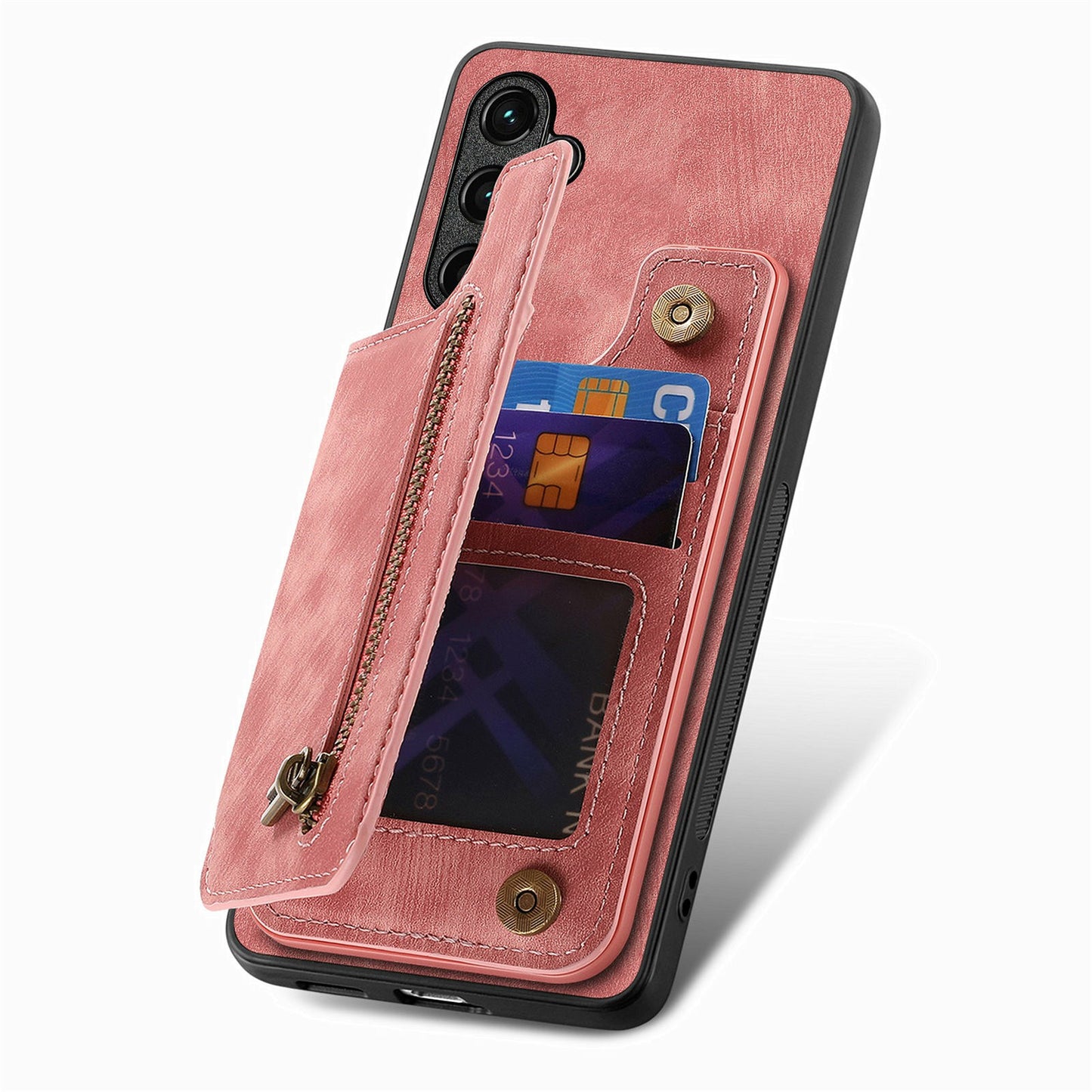 For Samsung Galaxy A06 Case with Card Holder Retro Leather+TPU Zipper Phone Cover - Pink