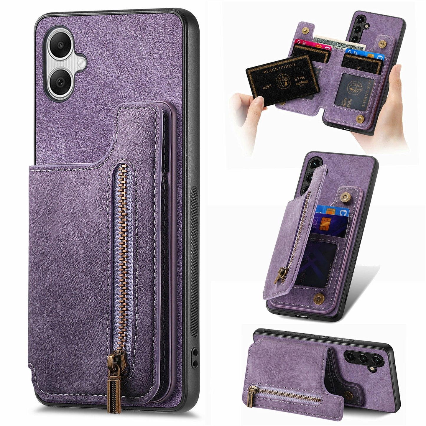 For Samsung Galaxy A06 Case with Card Holder Retro Leather+TPU Zipper Phone Cover - Purple