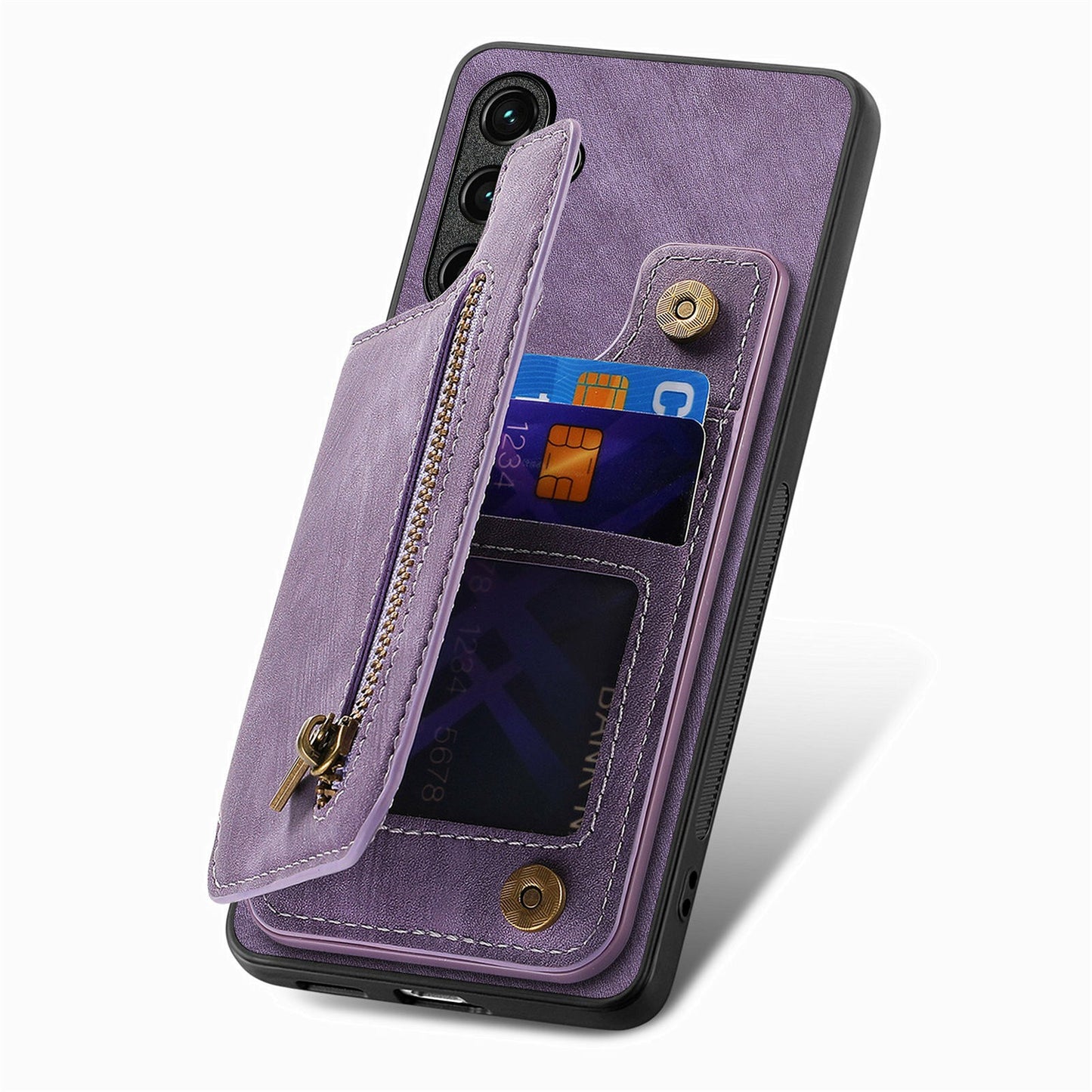 For Samsung Galaxy A06 Case with Card Holder Retro Leather+TPU Zipper Phone Cover - Purple