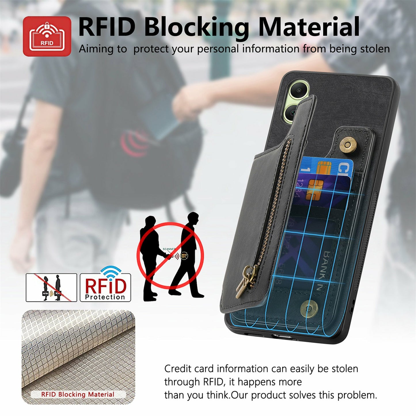 For Samsung Galaxy A06 Case with Card Holder Retro Leather+TPU Zipper Phone Cover - Purple