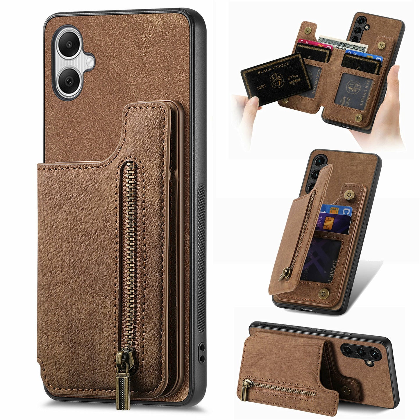 For Samsung Galaxy A06 Case with Card Holder Retro Leather+TPU Zipper Phone Cover - Brown