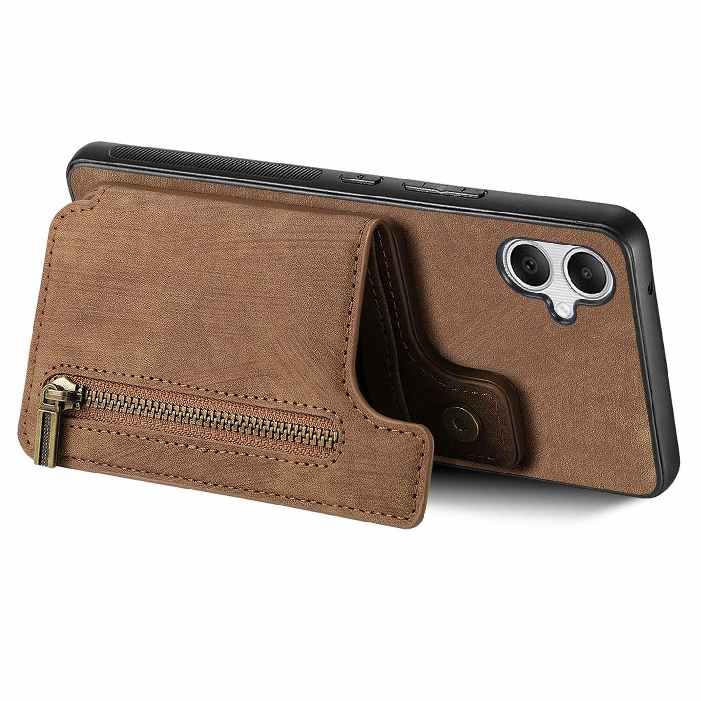 For Samsung Galaxy A06 Case with Card Holder Retro Leather+TPU Zipper Phone Cover - Brown