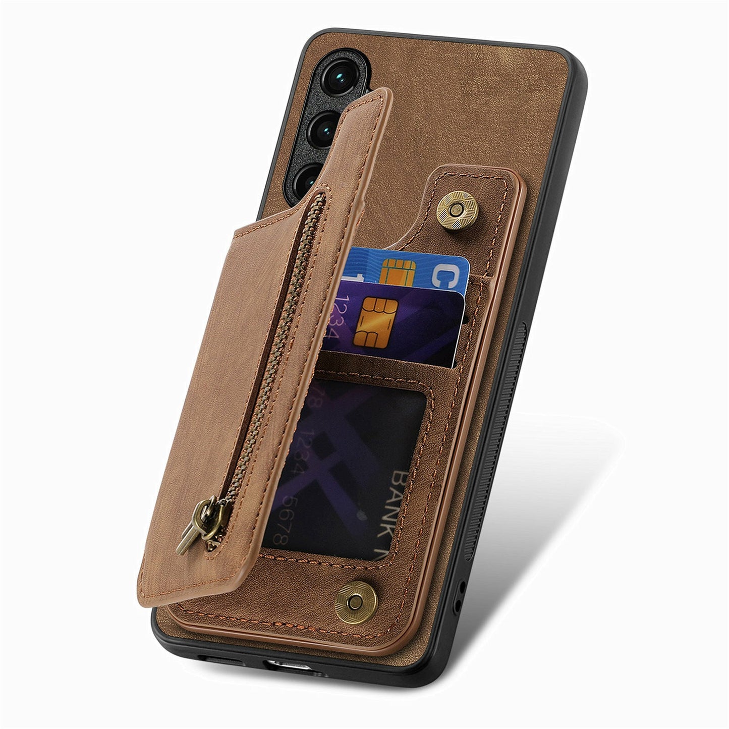 For Samsung Galaxy A06 Case with Card Holder Retro Leather+TPU Zipper Phone Cover - Brown