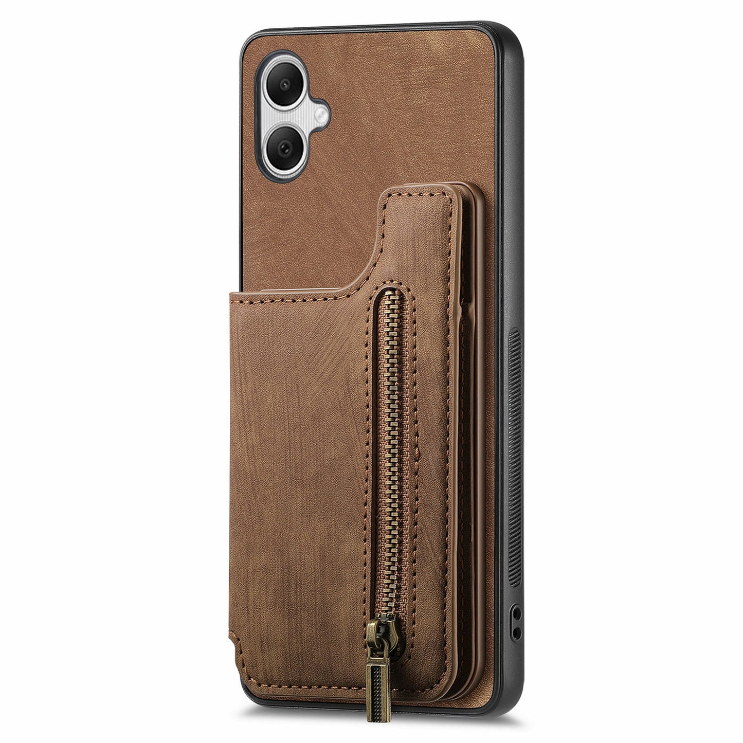 For Samsung Galaxy A06 Case with Card Holder Retro Leather+TPU Zipper Phone Cover - Brown