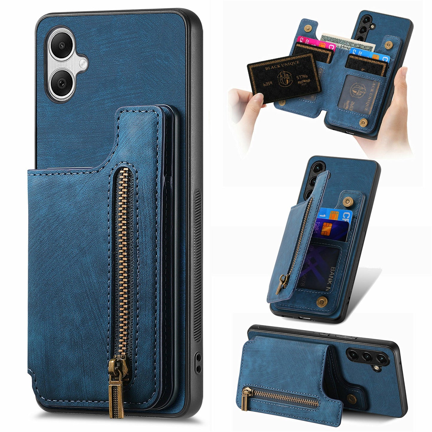 For Samsung Galaxy A06 Case with Card Holder Retro Leather+TPU Zipper Phone Cover - Blue