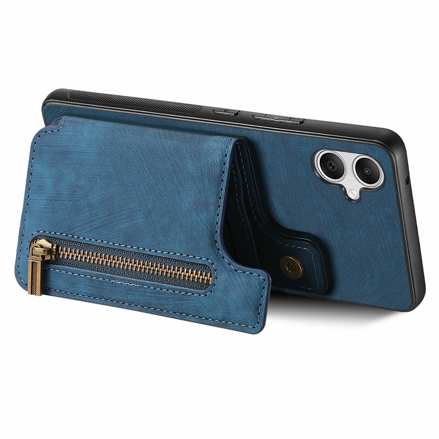 For Samsung Galaxy A06 Case with Card Holder Retro Leather+TPU Zipper Phone Cover - Blue