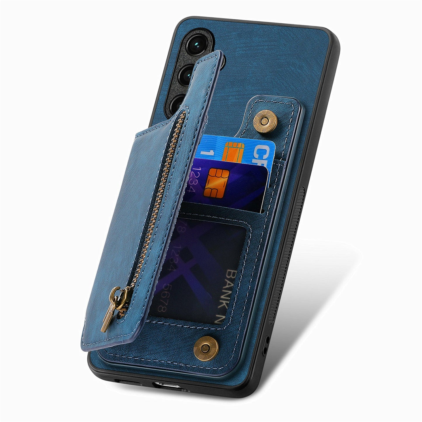 For Samsung Galaxy A06 Case with Card Holder Retro Leather+TPU Zipper Phone Cover - Blue