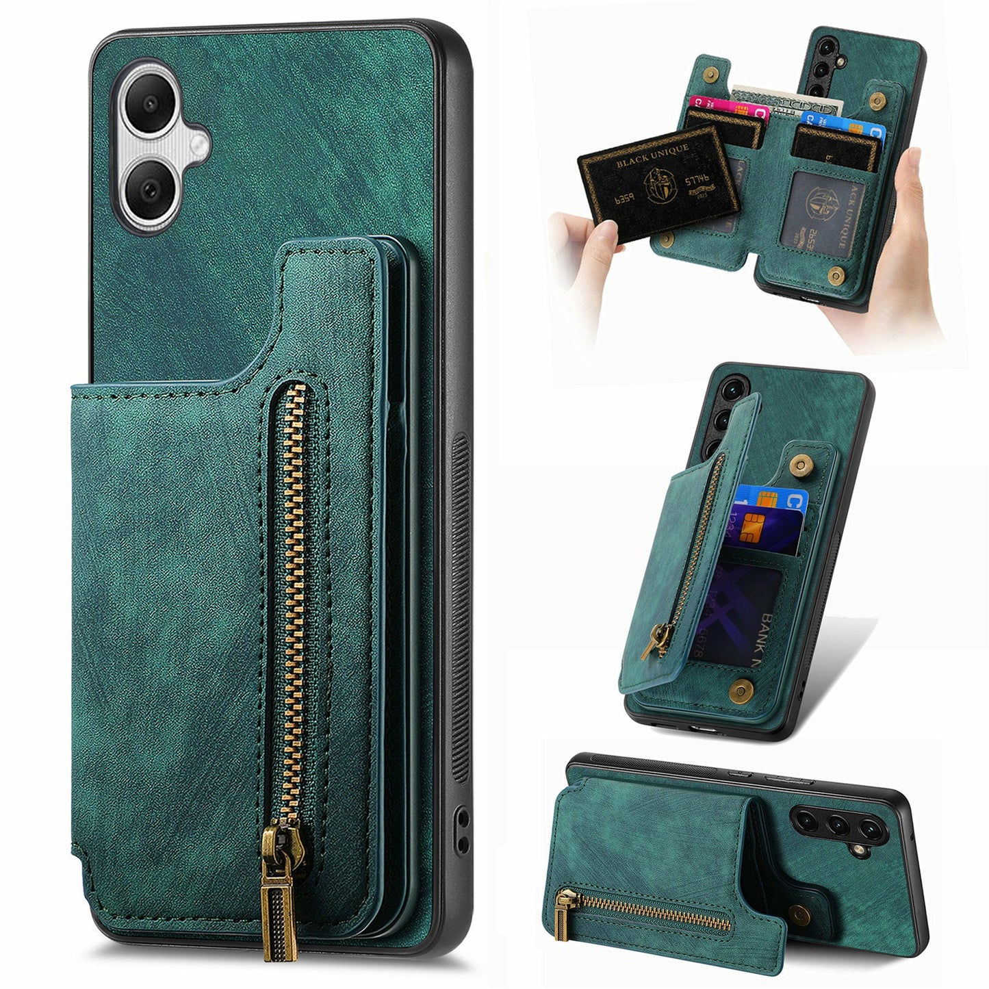 For Samsung Galaxy A06 Case with Card Holder Retro Leather+TPU Zipper Phone Cover - Green