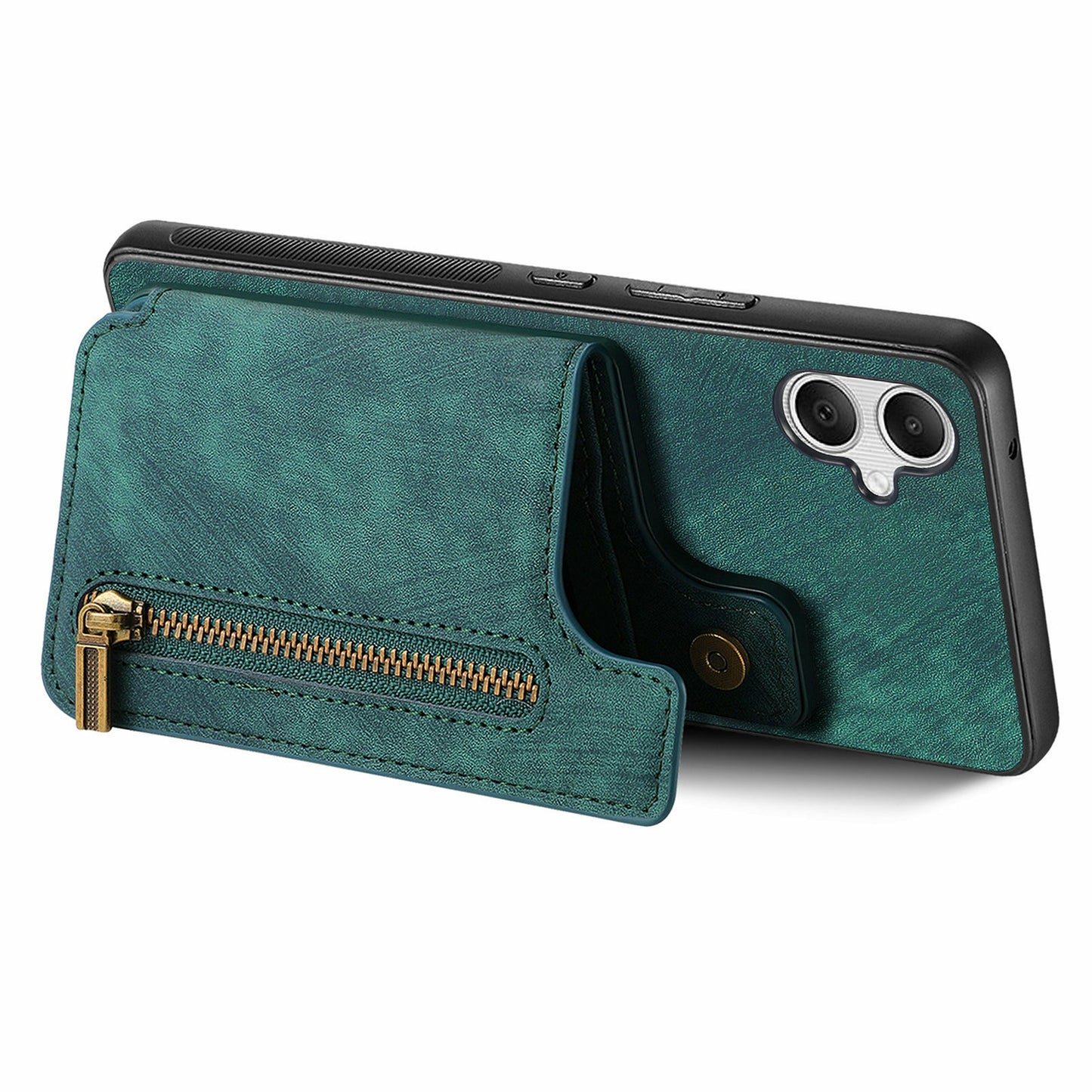 For Samsung Galaxy A06 Case with Card Holder Retro Leather+TPU Zipper Phone Cover - Green
