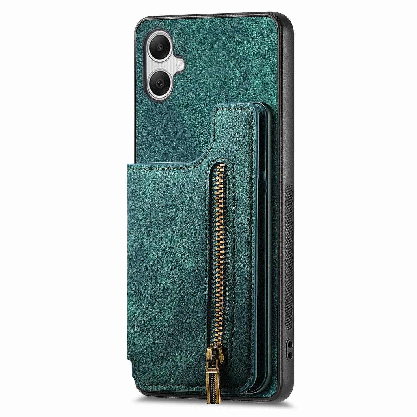 For Samsung Galaxy A06 Case with Card Holder Retro Leather+TPU Zipper Phone Cover - Green