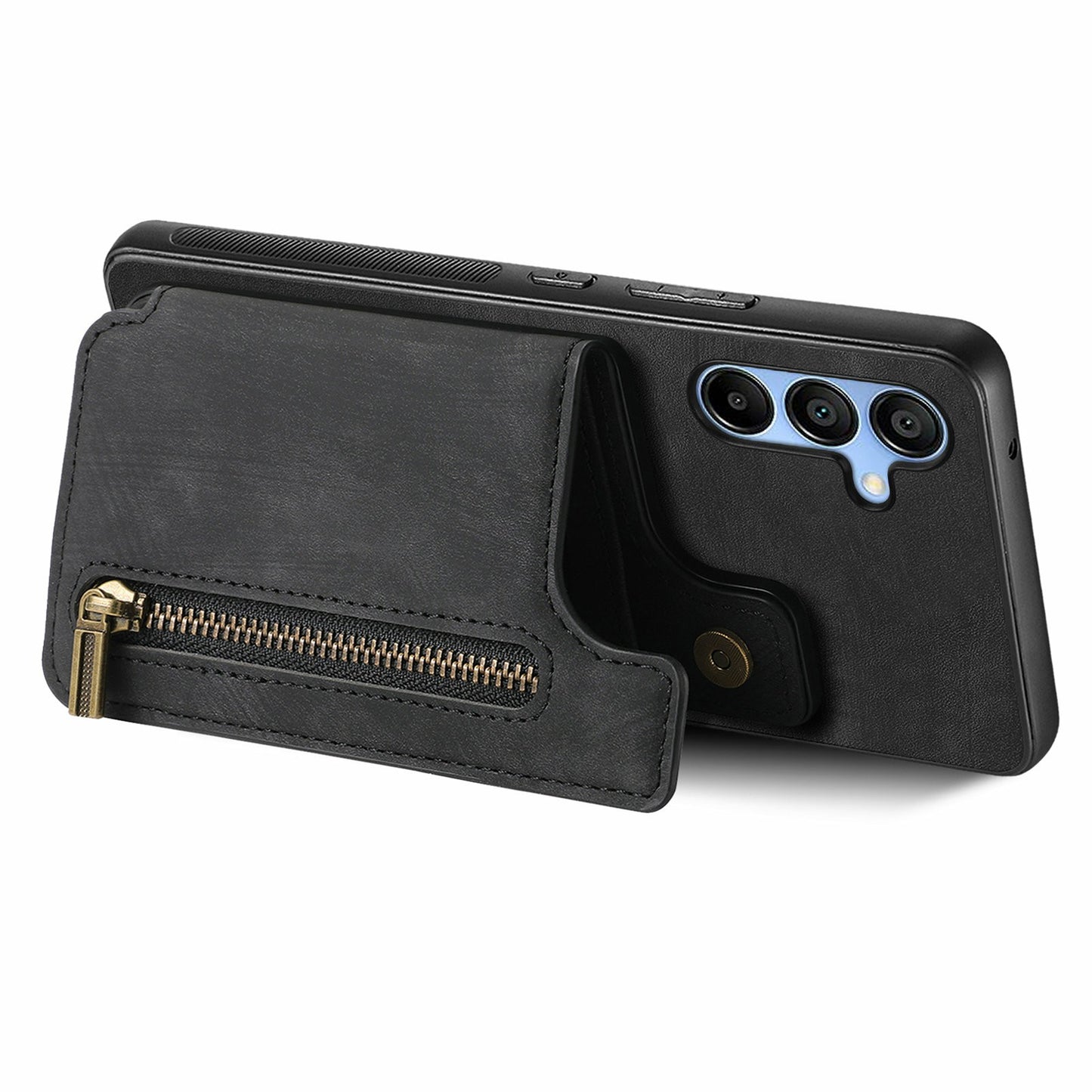 For Samsung Galaxy A16 4G / 5G Case with Card Holder Retro Leather+TPU Zipper Phone Cover - Black