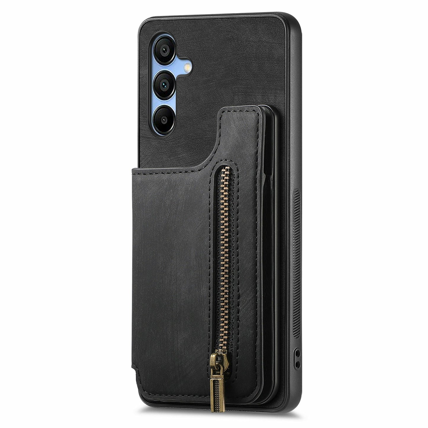 For Samsung Galaxy A16 4G / 5G Case with Card Holder Retro Leather+TPU Zipper Phone Cover - Black