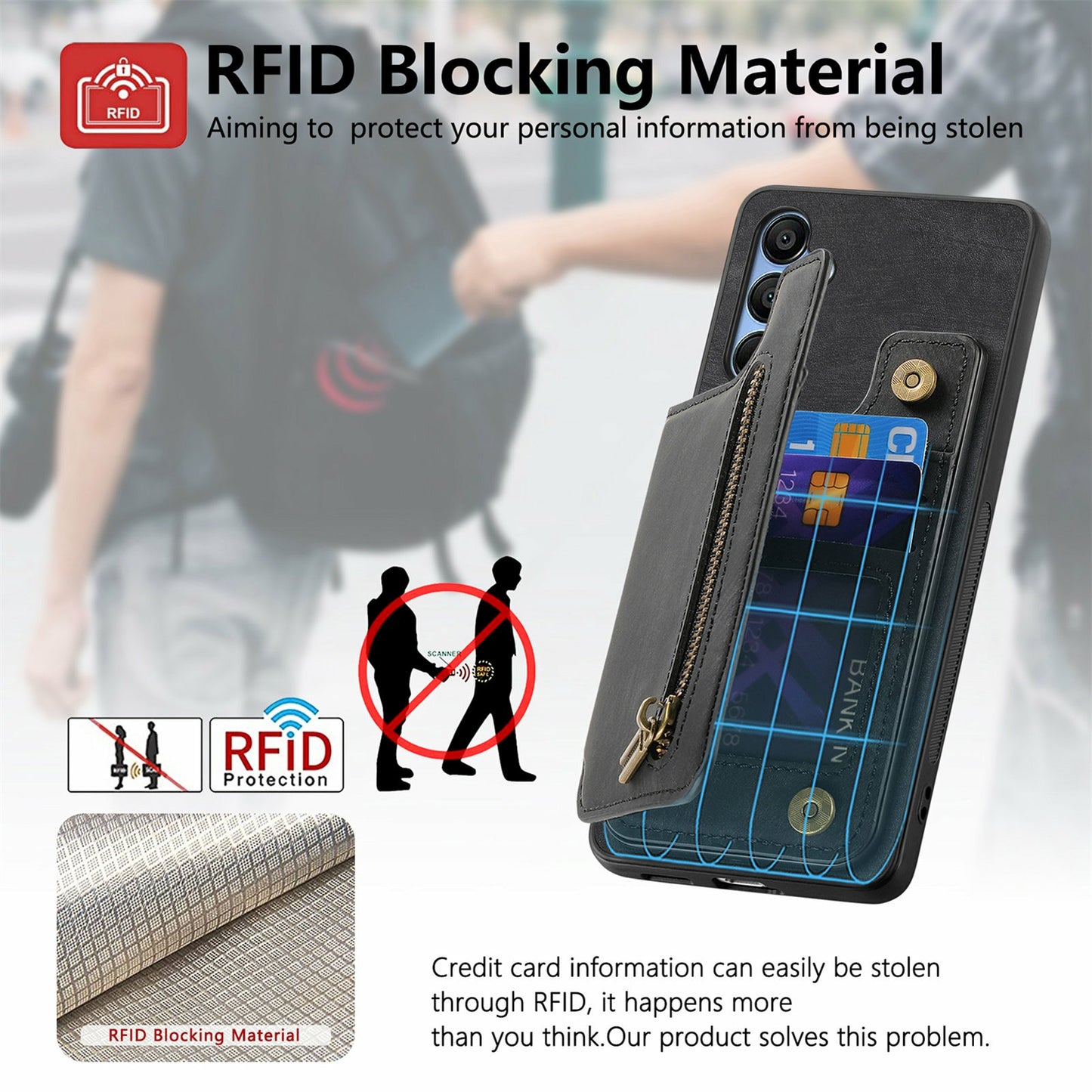 For Samsung Galaxy A16 4G / 5G Case with Card Holder Retro Leather+TPU Zipper Phone Cover - Black