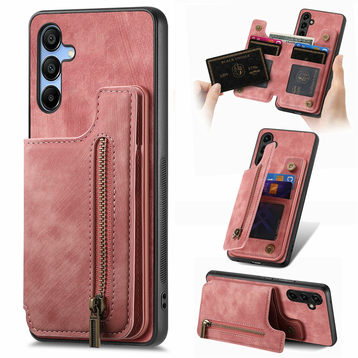 For Samsung Galaxy A16 4G / 5G Case with Card Holder Retro Leather+TPU Zipper Phone Cover - Pink