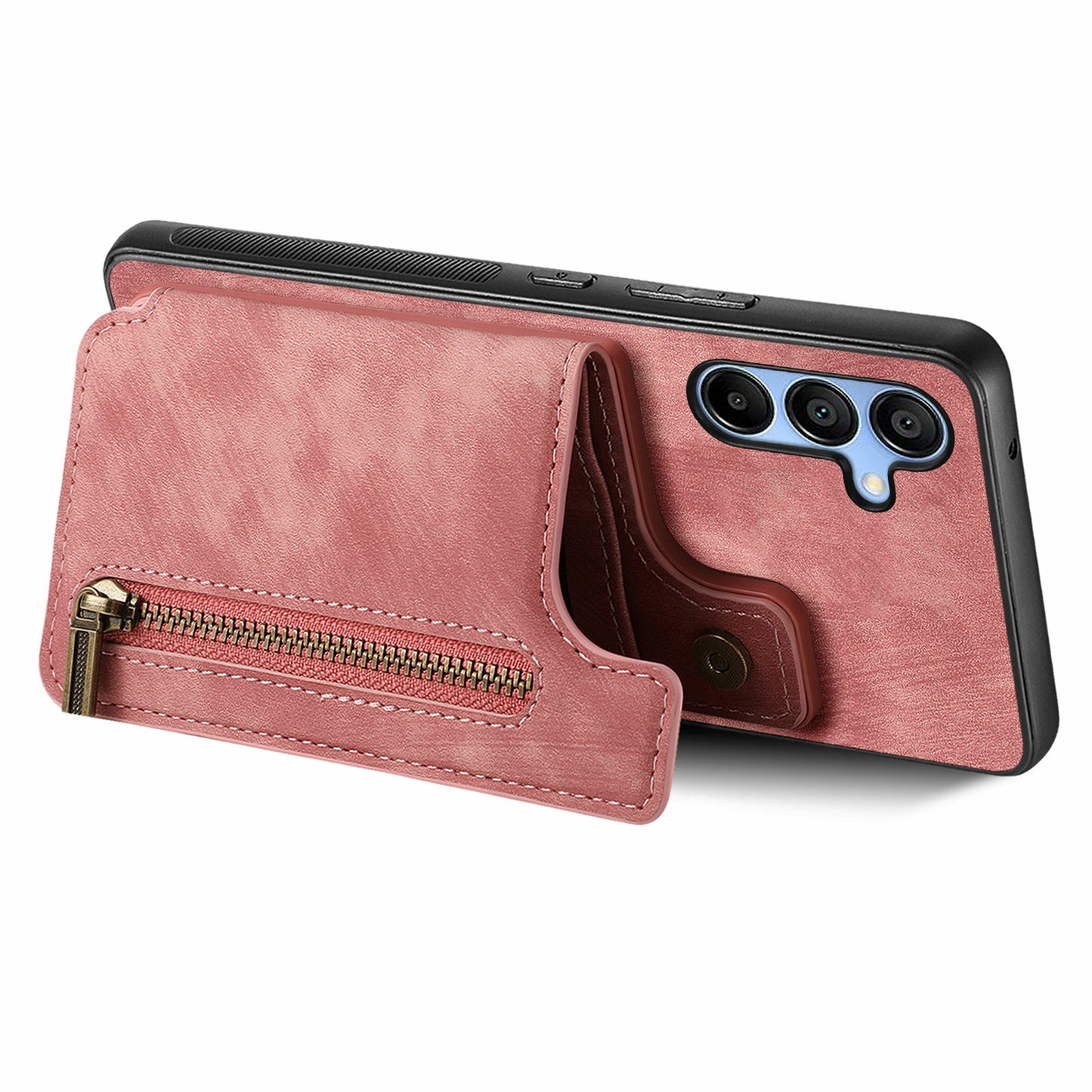 For Samsung Galaxy A16 4G / 5G Case with Card Holder Retro Leather+TPU Zipper Phone Cover - Pink