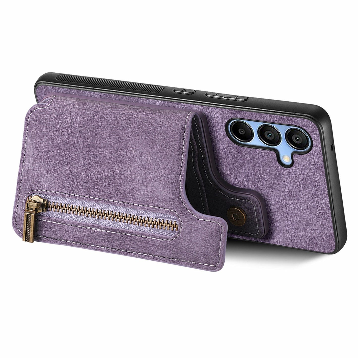 For Samsung Galaxy A16 4G / 5G Case with Card Holder Retro Leather+TPU Zipper Phone Cover - Purple