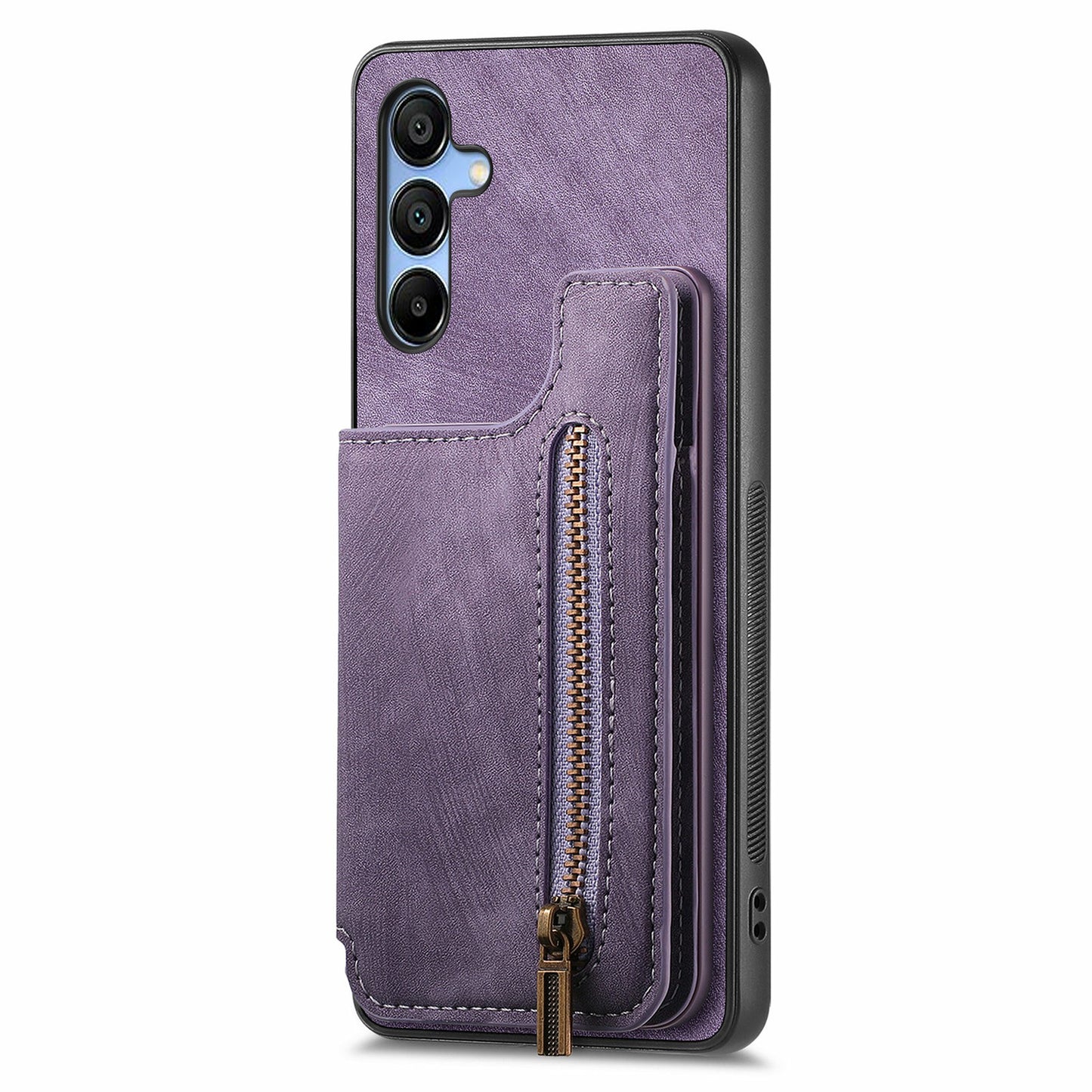 For Samsung Galaxy A16 4G / 5G Case with Card Holder Retro Leather+TPU Zipper Phone Cover - Purple