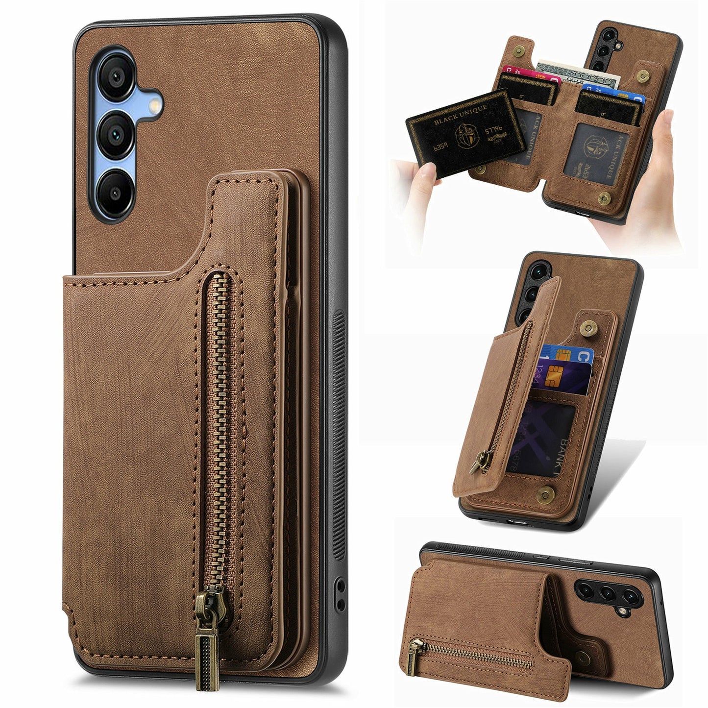 For Samsung Galaxy A16 4G / 5G Case with Card Holder Retro Leather+TPU Zipper Phone Cover - Brown