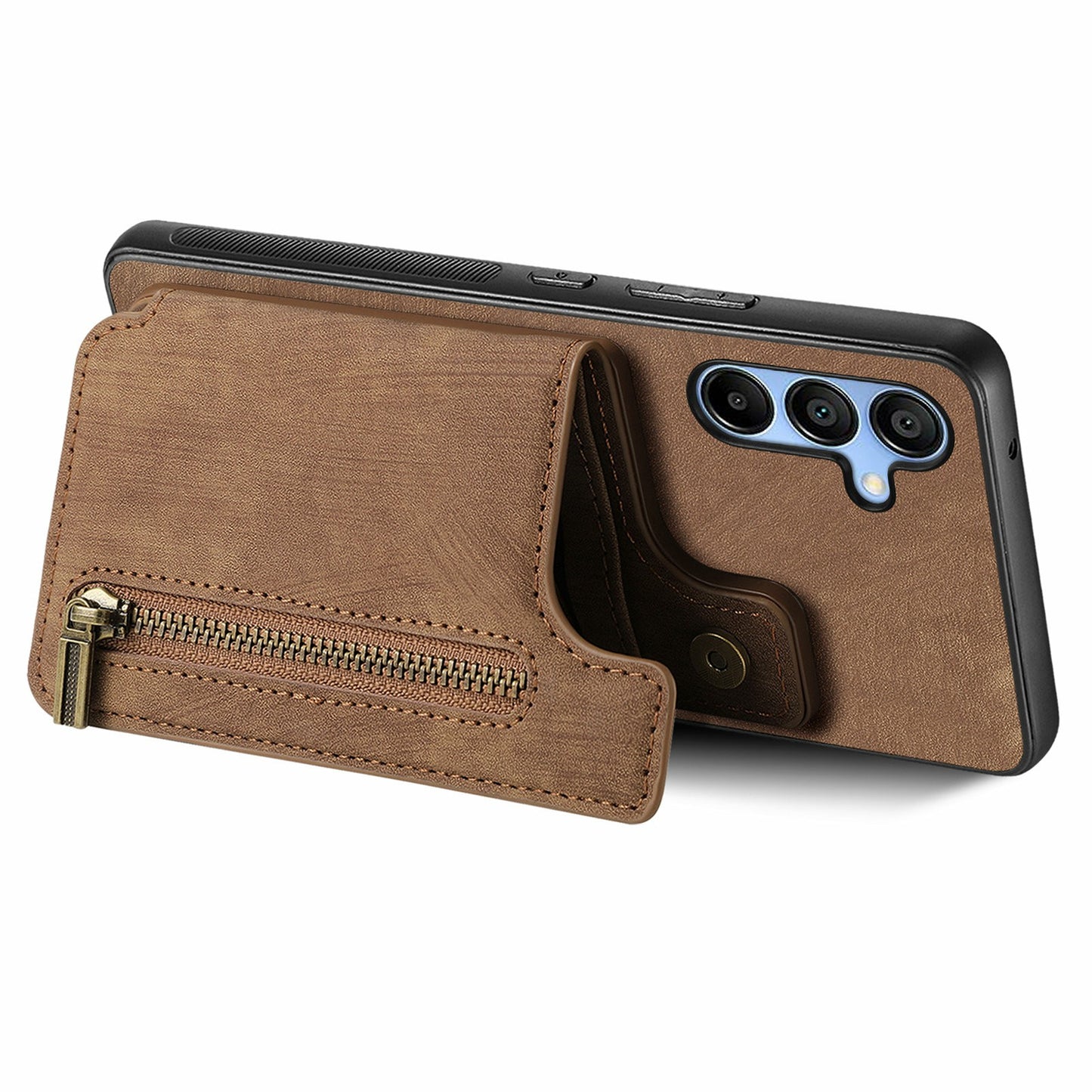 For Samsung Galaxy A16 4G / 5G Case with Card Holder Retro Leather+TPU Zipper Phone Cover - Brown