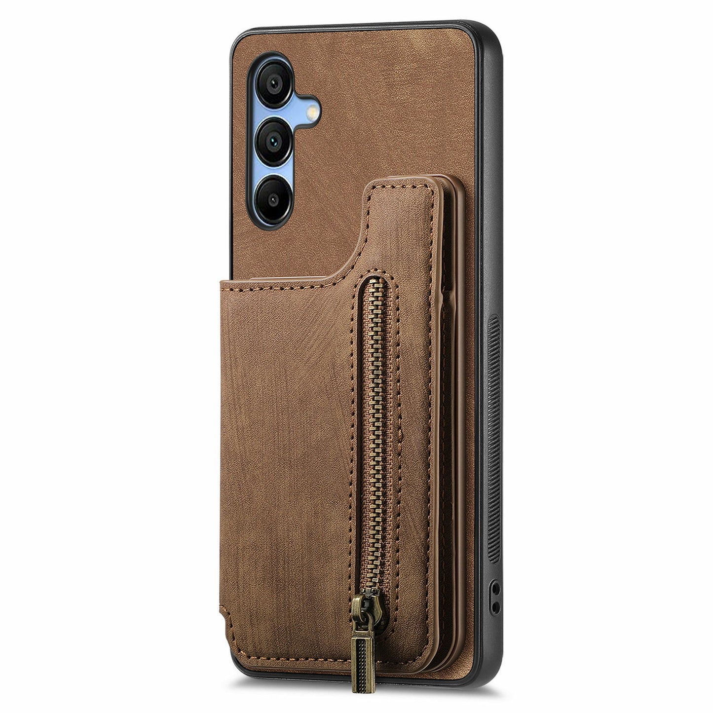 For Samsung Galaxy A16 4G / 5G Case with Card Holder Retro Leather+TPU Zipper Phone Cover - Brown