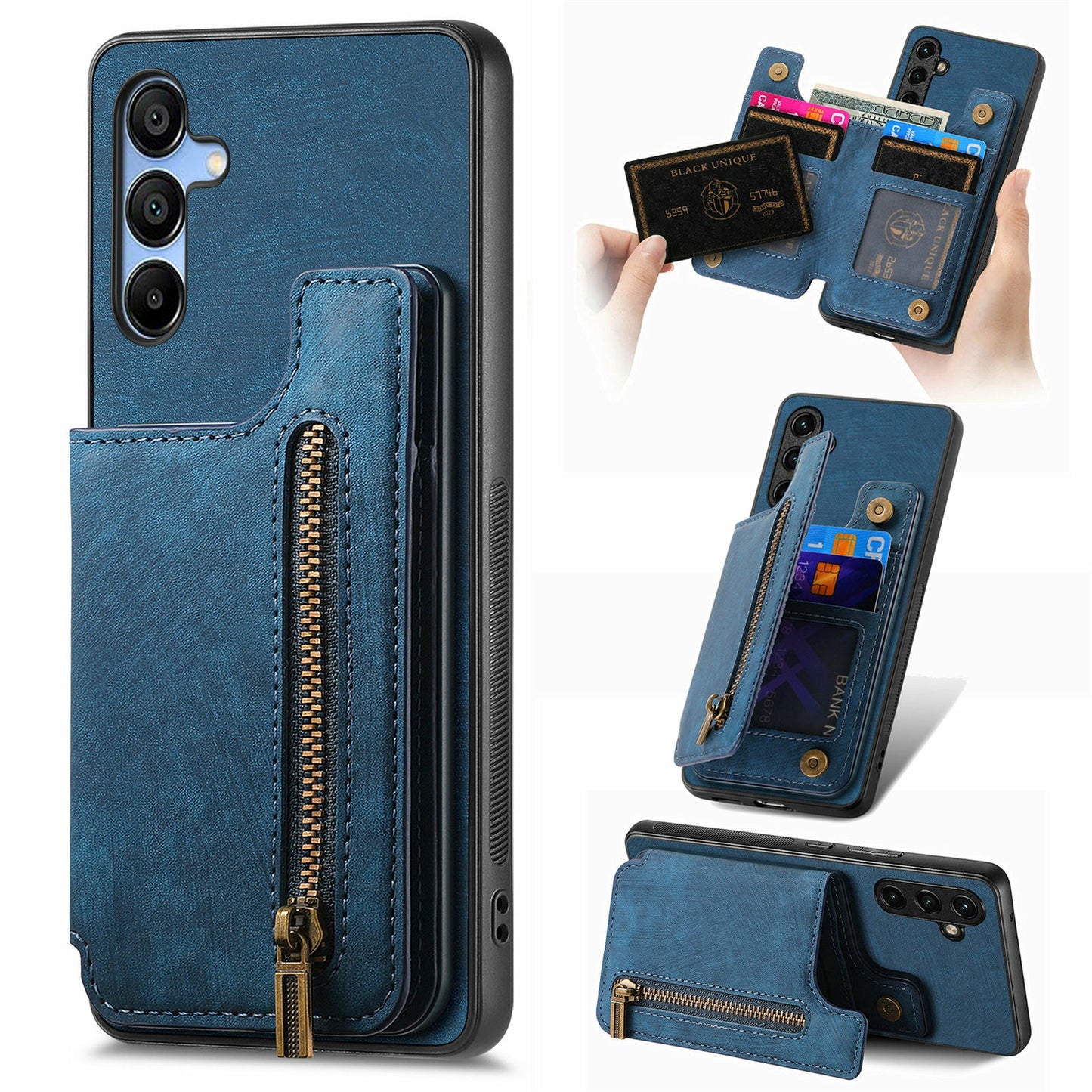 For Samsung Galaxy A16 4G / 5G Case with Card Holder Retro Leather+TPU Zipper Phone Cover - Blue