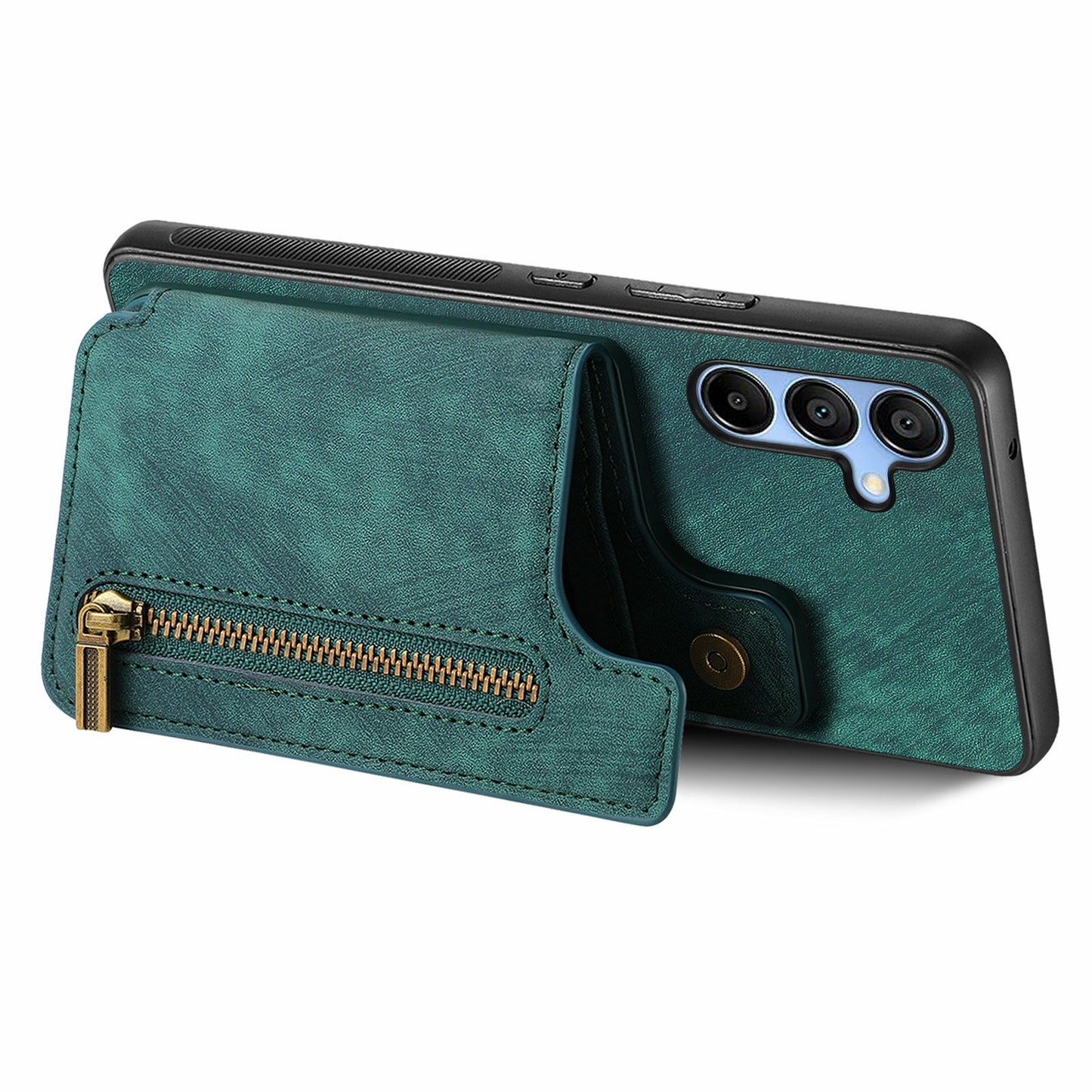 For Samsung Galaxy A16 4G / 5G Case with Card Holder Retro Leather+TPU Zipper Phone Cover - Green