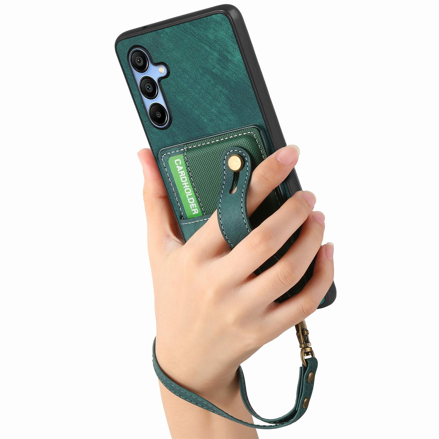 For Samsung Galaxy A16 4G / 5G Case Wristband Kickstand PU Leather Retro Back Cover Card Holder - Green