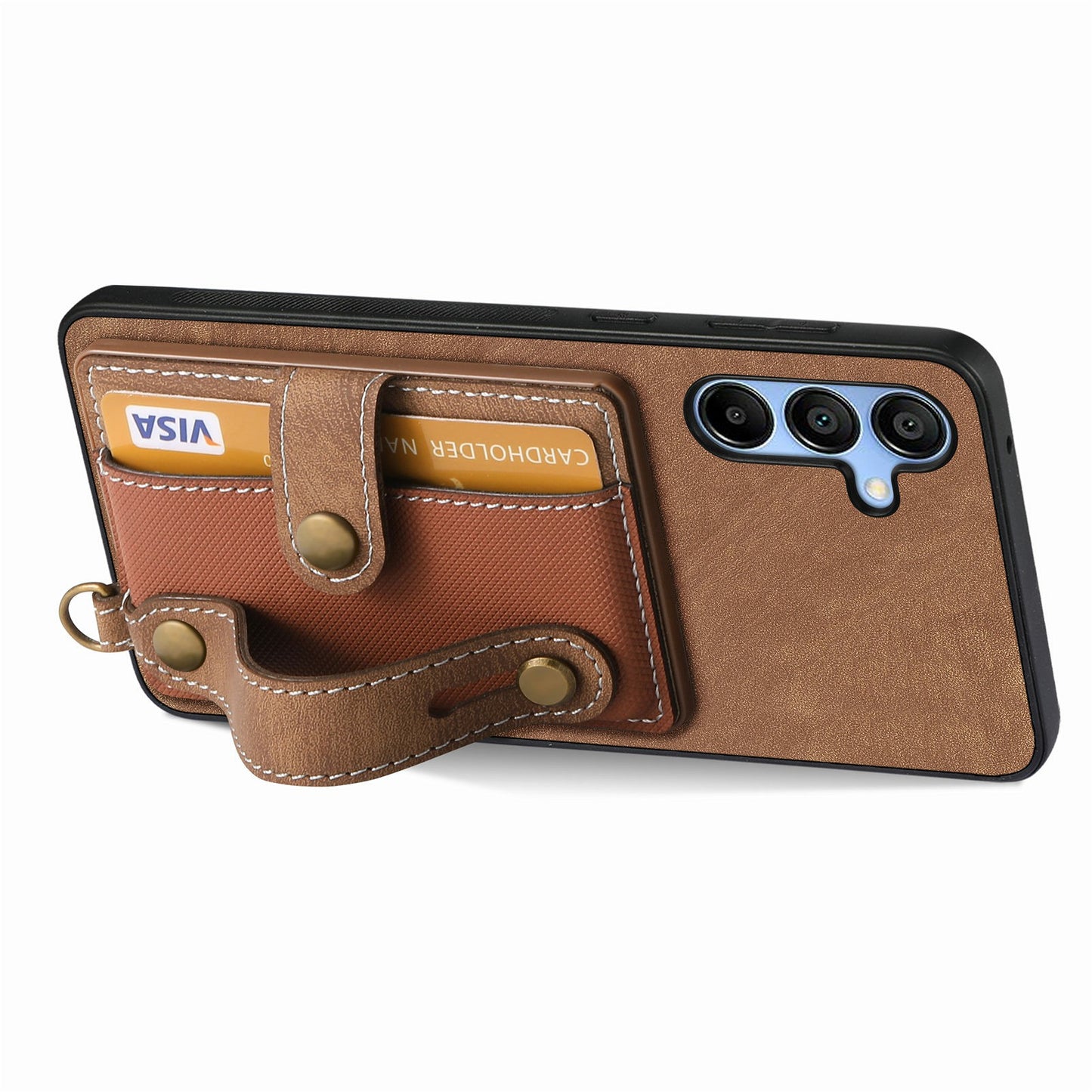 For Samsung Galaxy A16 4G / 5G Case Wristband Kickstand PU Leather Retro Back Cover Card Holder - Brown