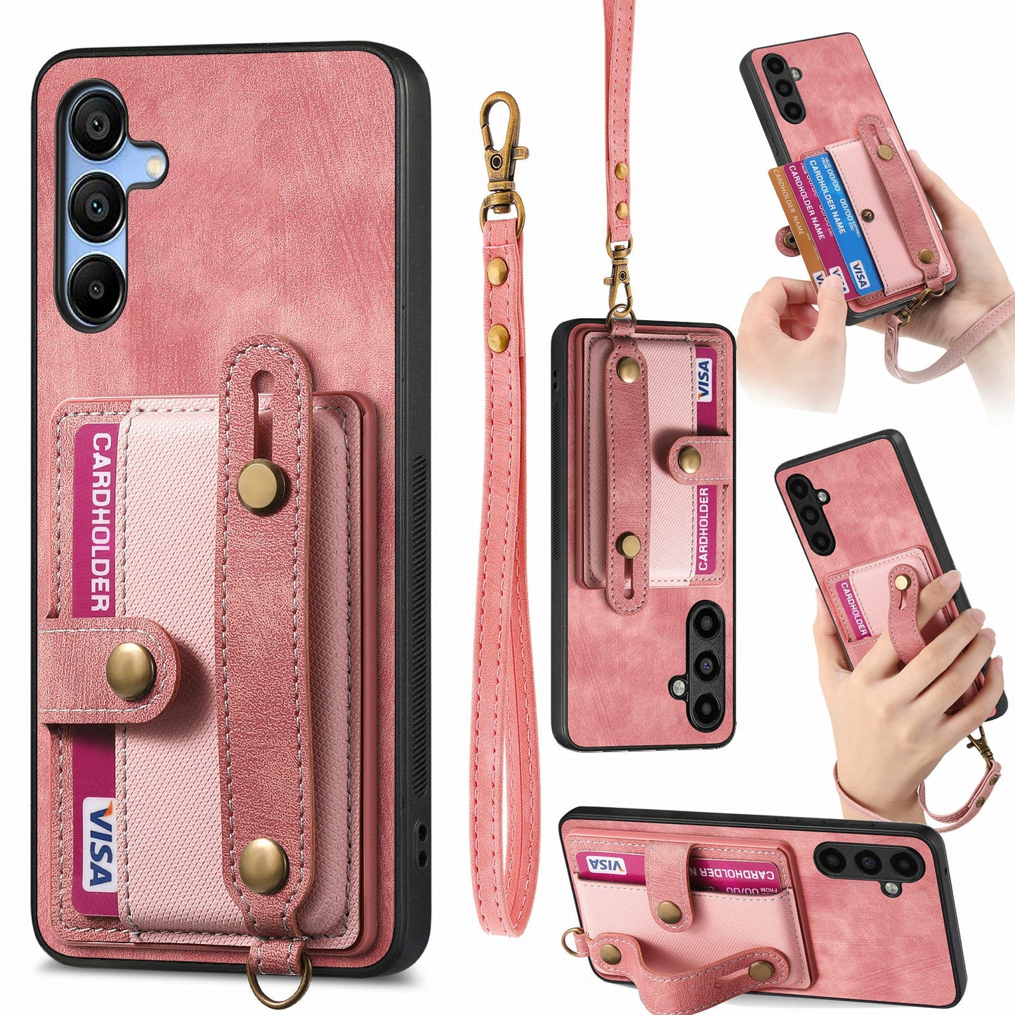 For Samsung Galaxy A16 4G / 5G Case Wristband Kickstand PU Leather Retro Back Cover Card Holder - Pink
