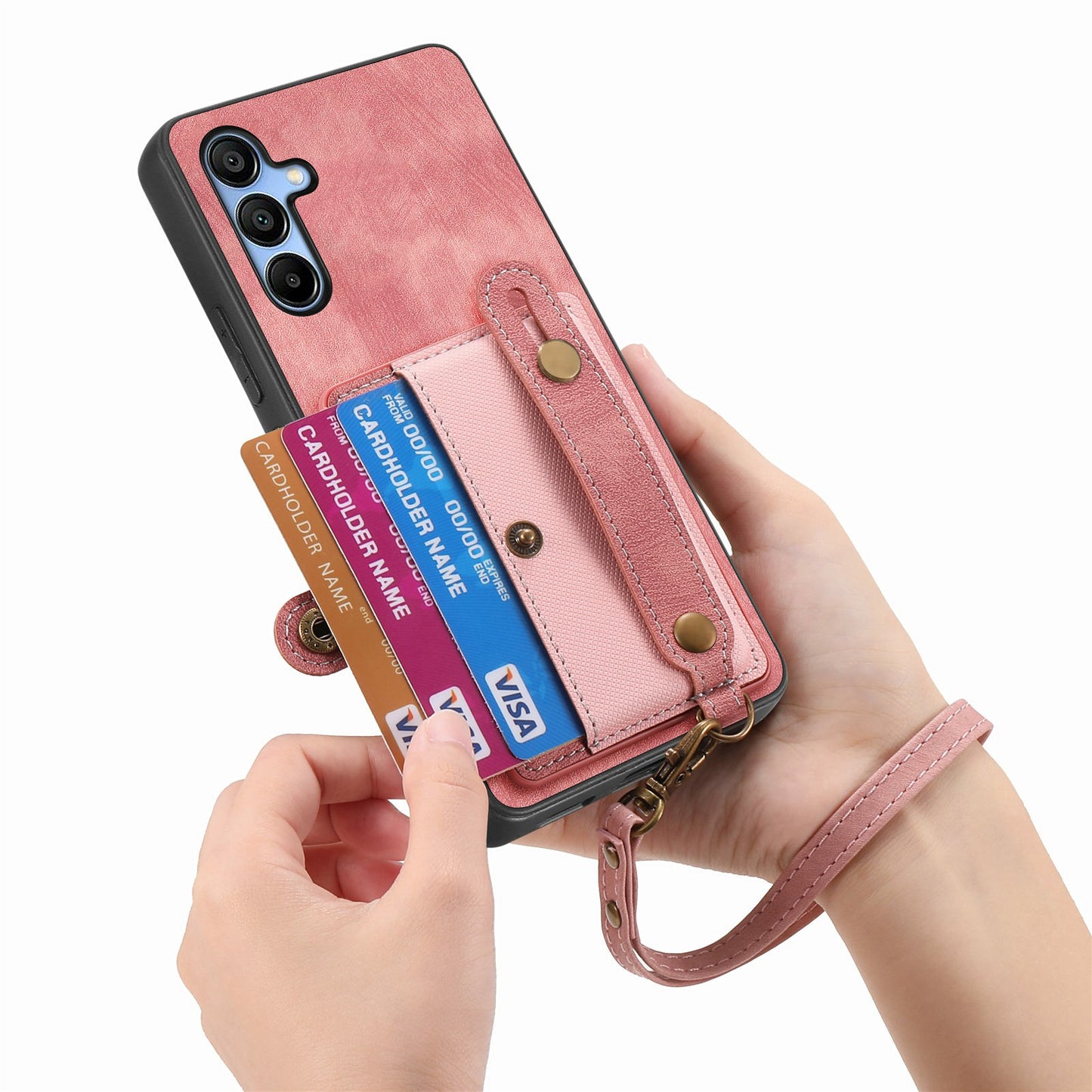 For Samsung Galaxy A16 4G / 5G Case Wristband Kickstand PU Leather Retro Back Cover Card Holder - Pink