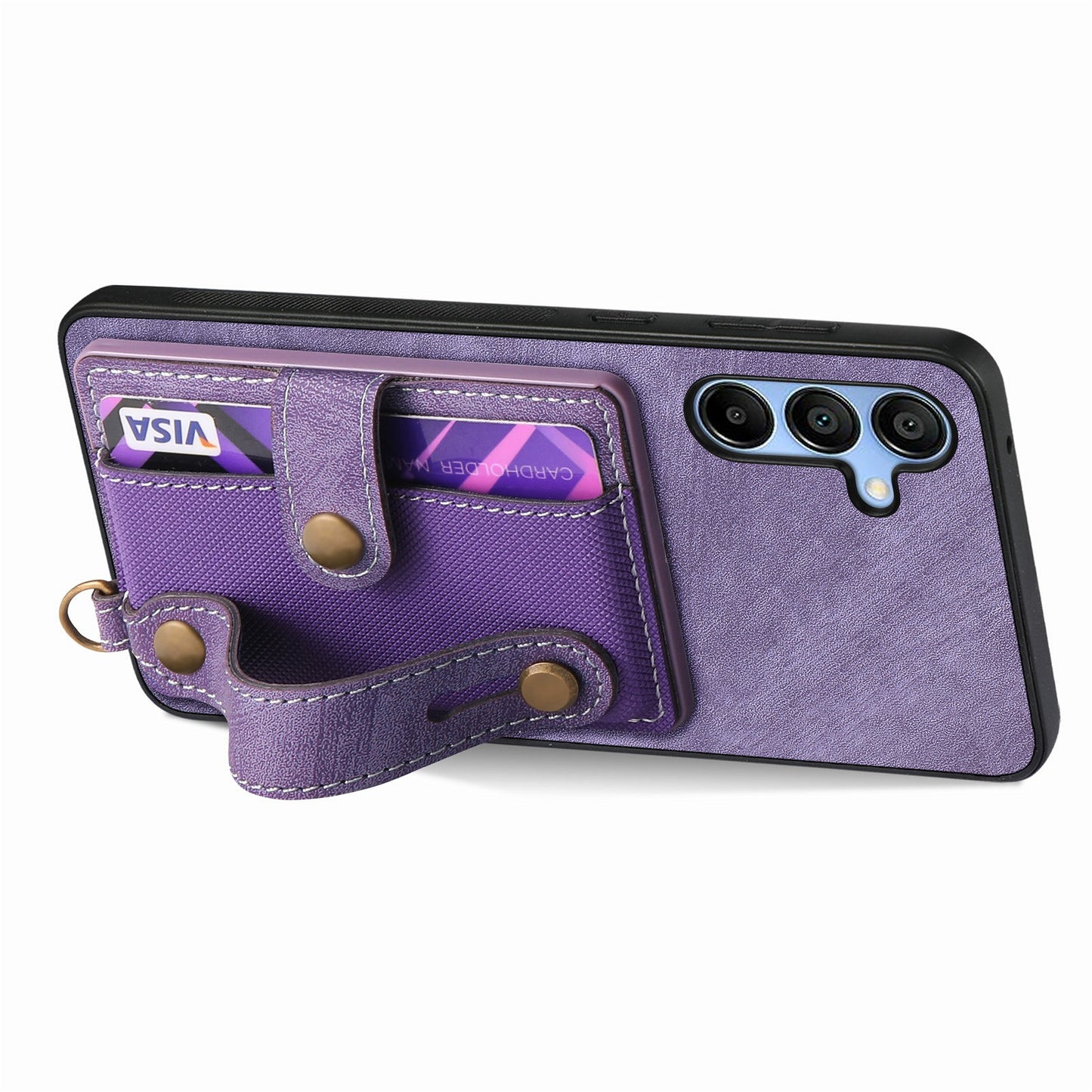 For Samsung Galaxy A16 4G / 5G Case Wristband Kickstand PU Leather Retro Back Cover Card Holder - Purple