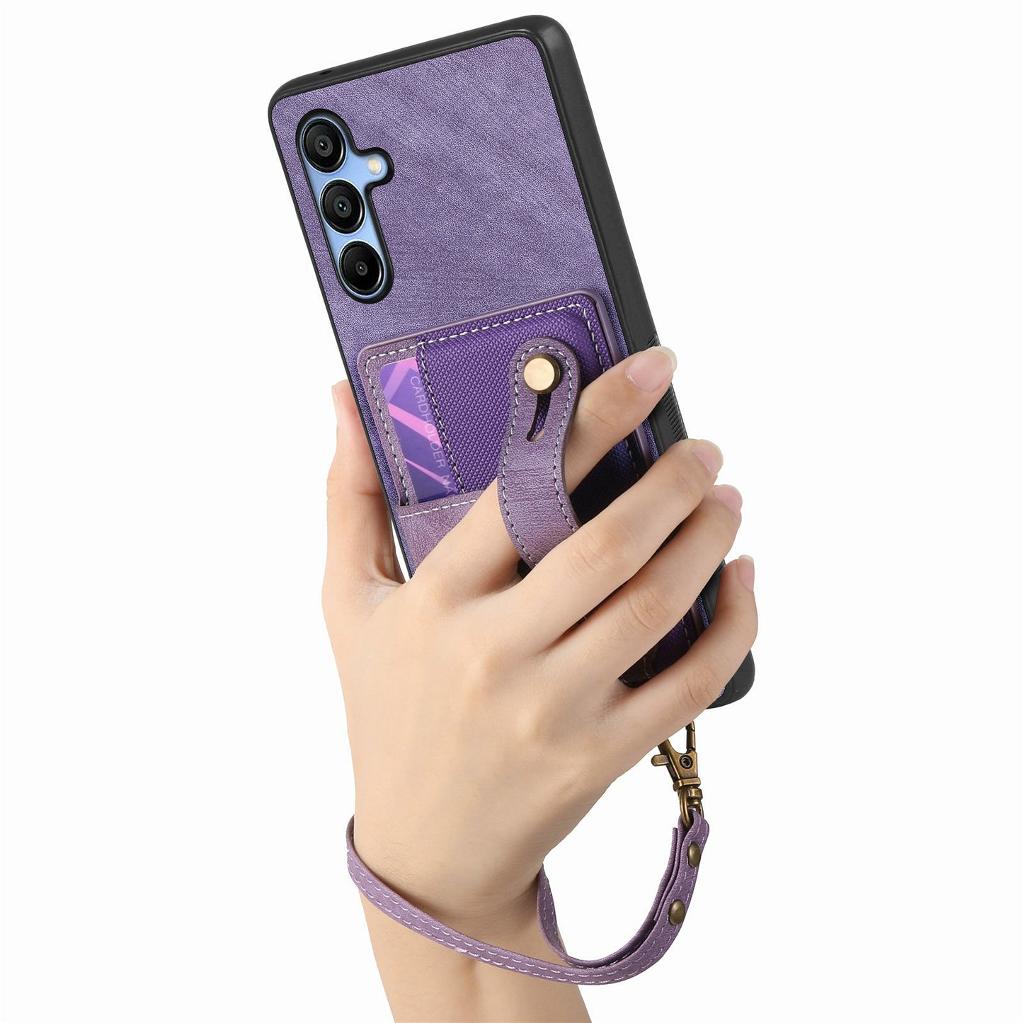 For Samsung Galaxy A16 4G / 5G Case Wristband Kickstand PU Leather Retro Back Cover Card Holder - Purple
