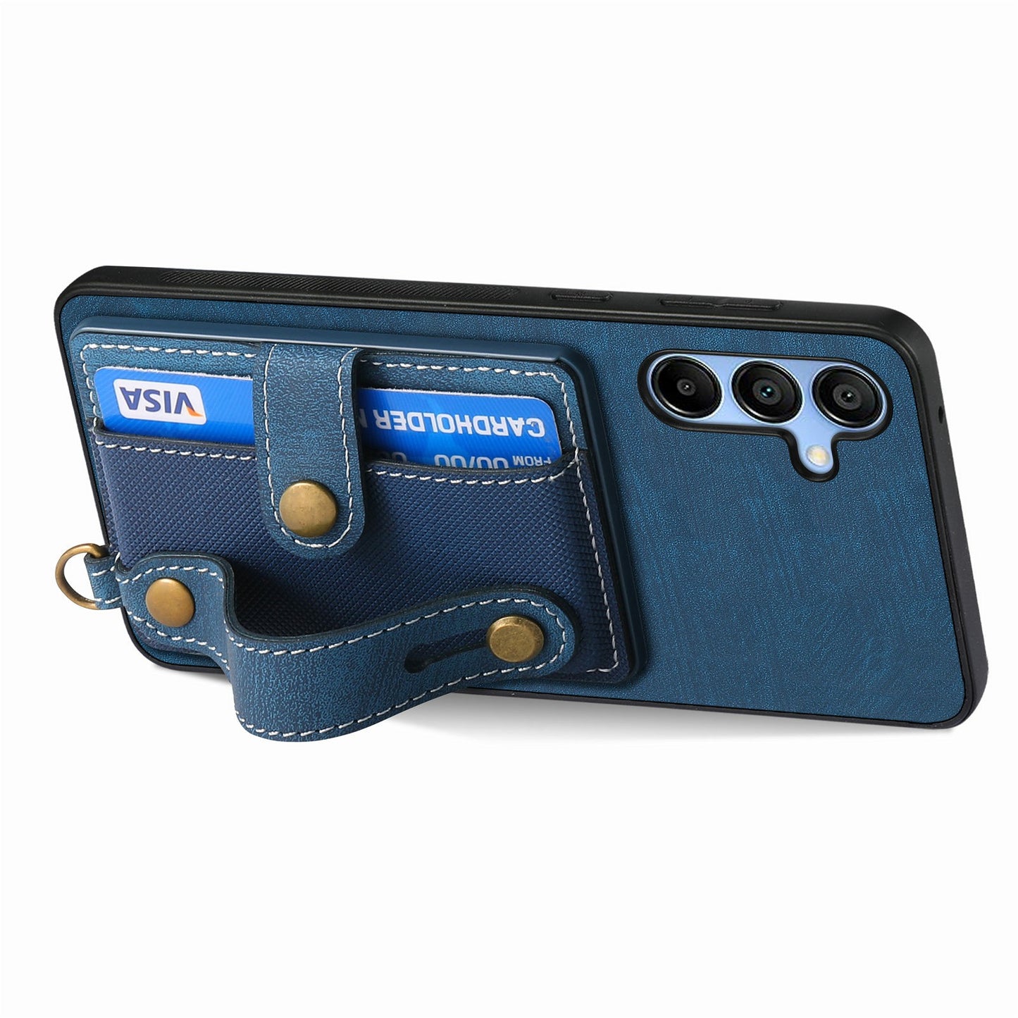 For Samsung Galaxy A16 4G / 5G Case Wristband Kickstand PU Leather Retro Back Cover Card Holder - Blue