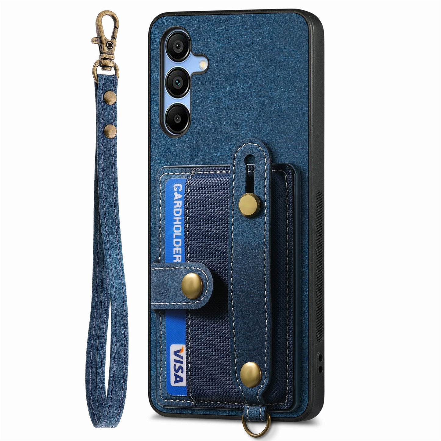 For Samsung Galaxy A16 4G / 5G Case Wristband Kickstand PU Leather Retro Back Cover Card Holder - Blue