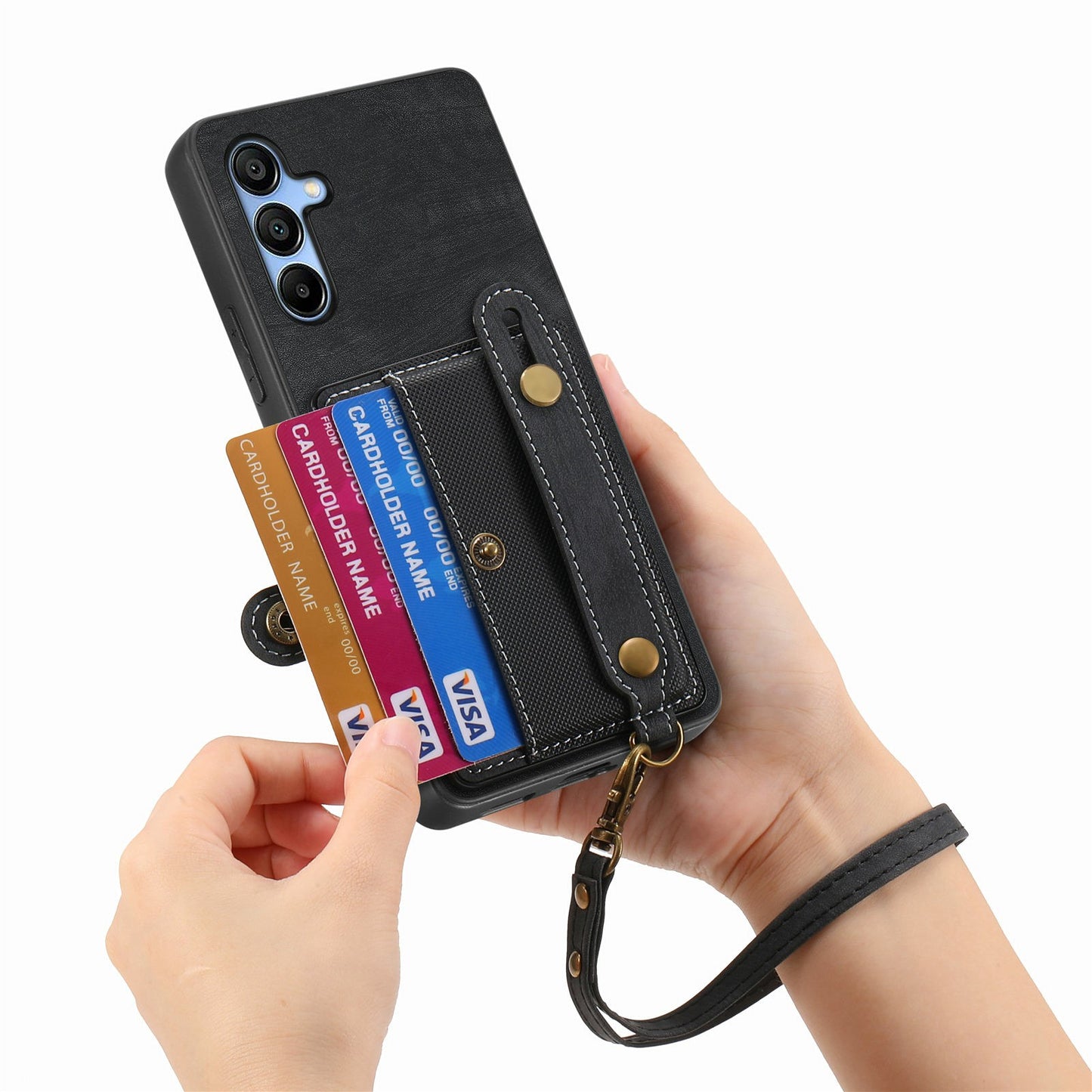 For Samsung Galaxy A16 4G / 5G Case Wristband Kickstand PU Leather Retro Back Cover Card Holder - Black