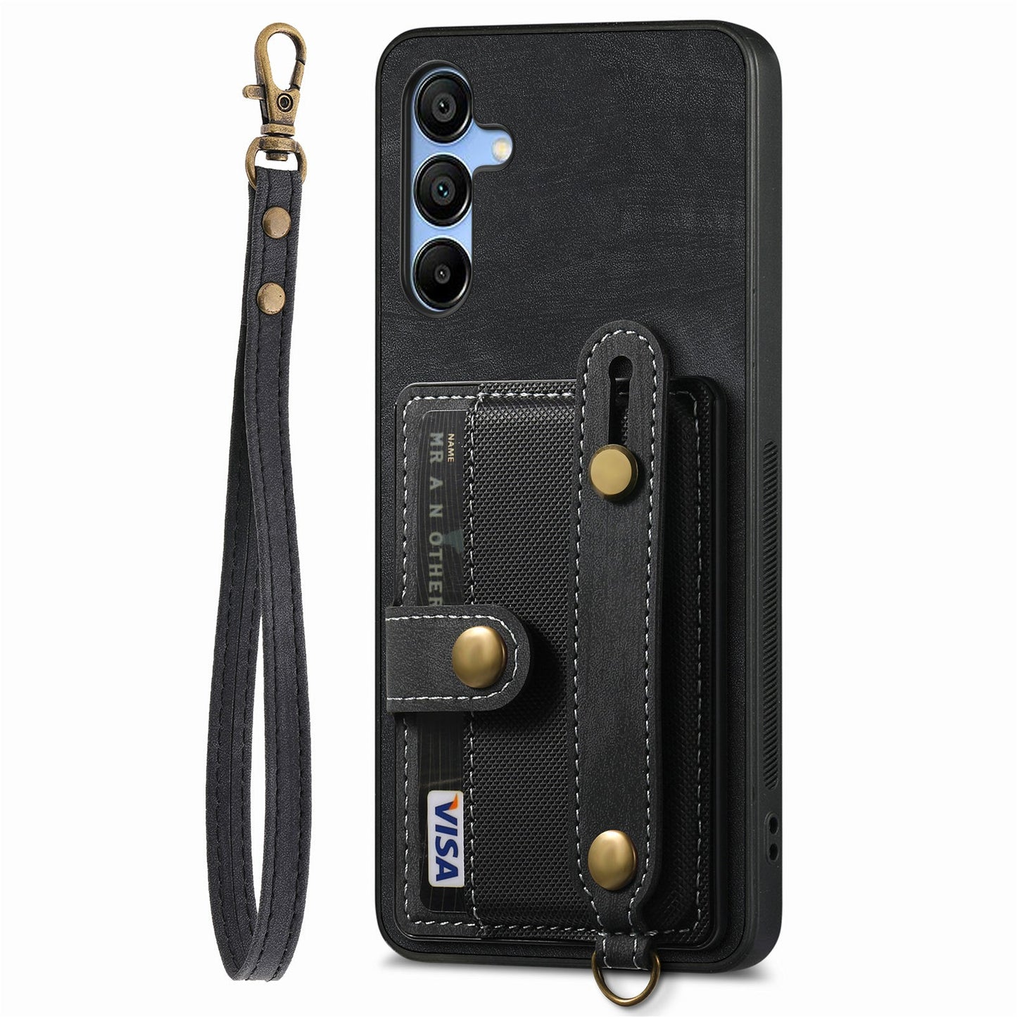 For Samsung Galaxy A16 4G / 5G Case Wristband Kickstand PU Leather Retro Back Cover Card Holder - Black