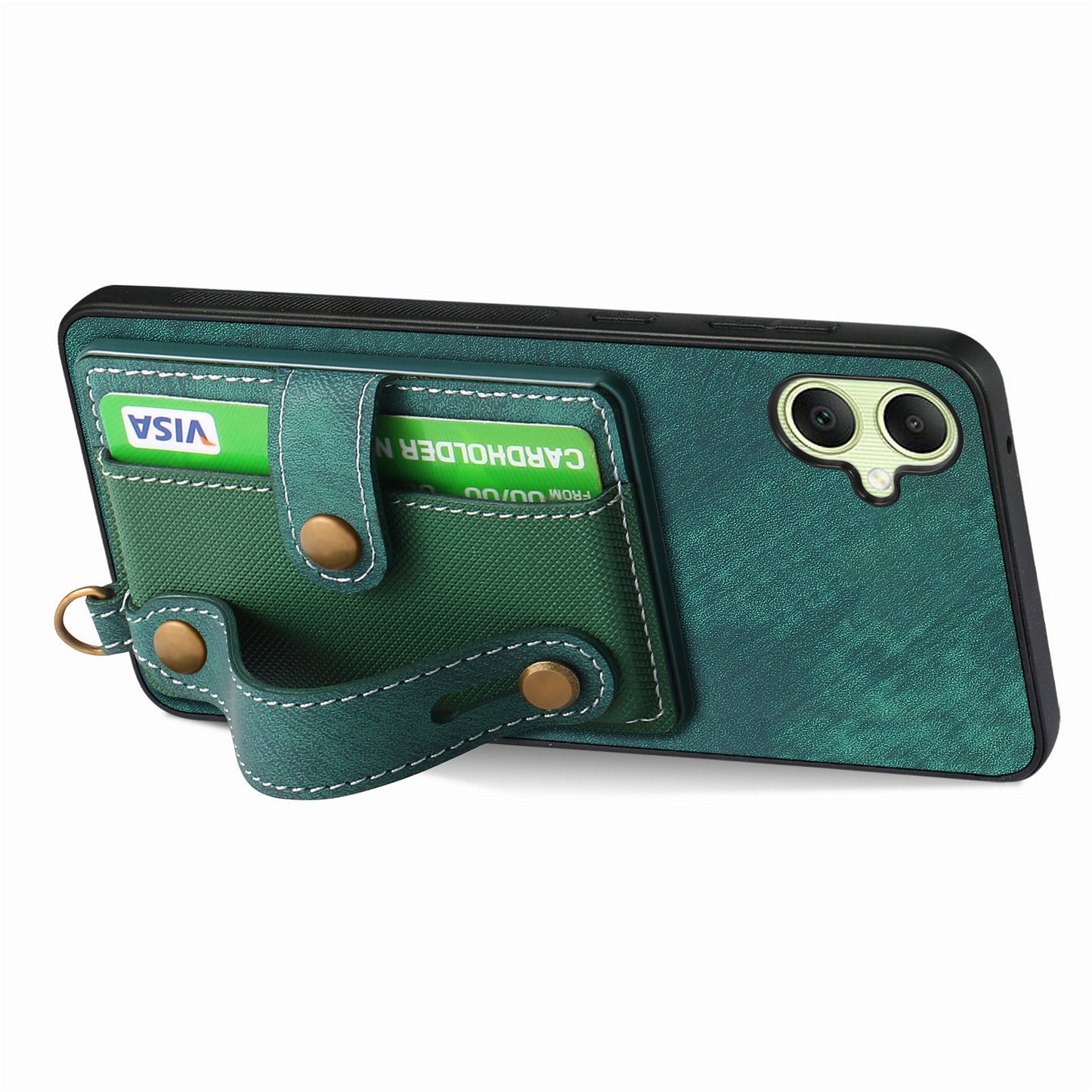 For Samsung Galaxy A06 Case Wristband Kickstand PU Leather Retro Back Cover Card Holder - Green